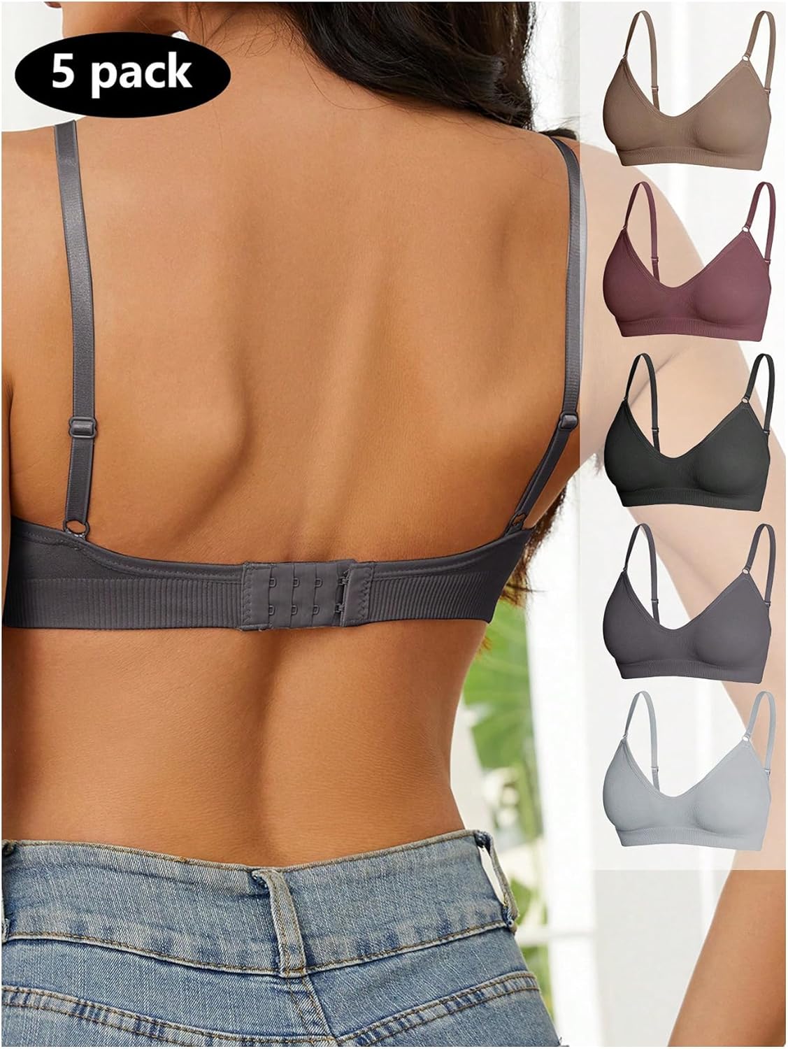 OYOANGLE Women's 5 Pieces Rib Knit Spaghetti Strap V Neck Wireless Bra Set Seamless Solid Plain No Padded Bralette