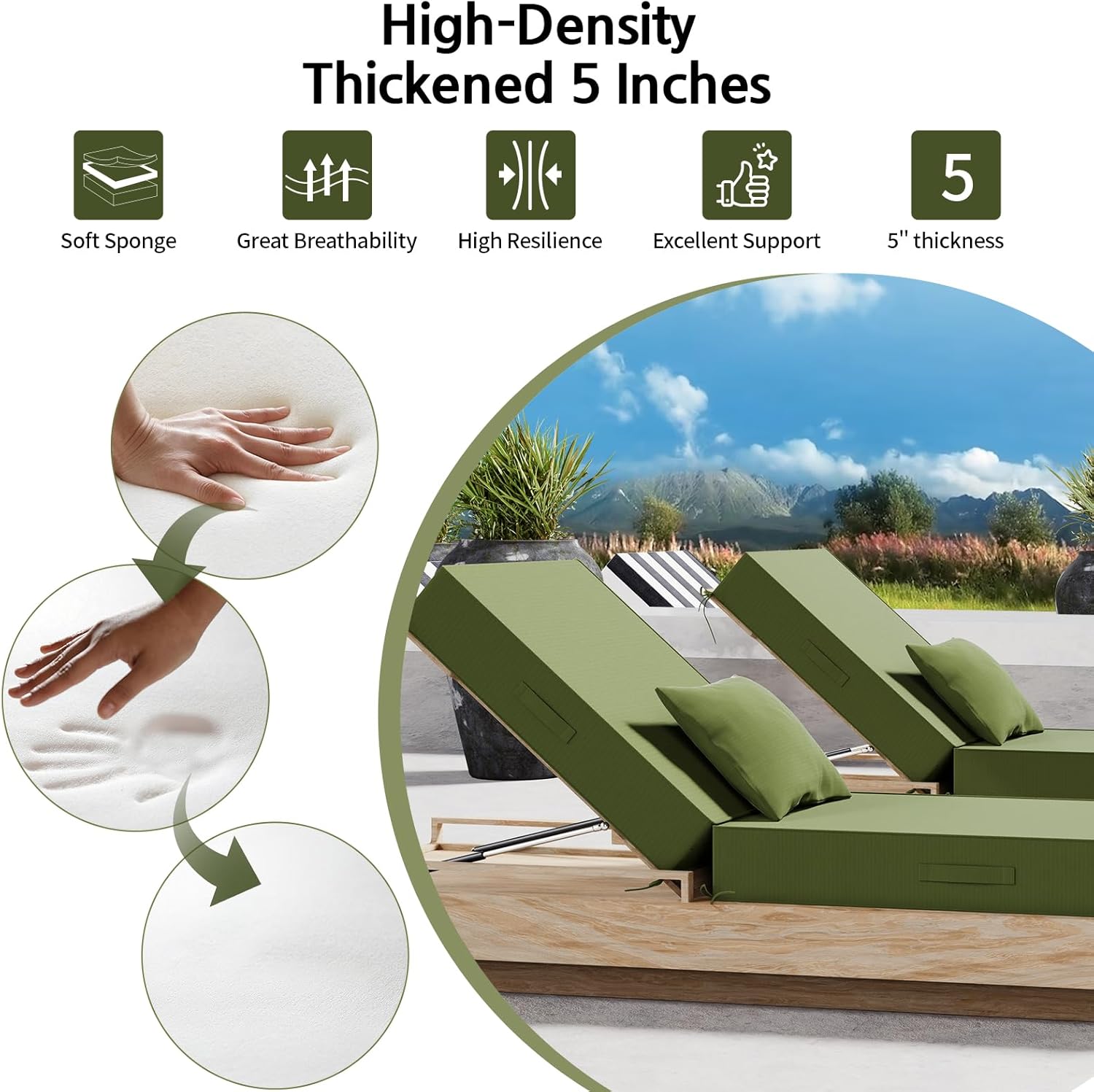 Outdoor Water-Resistant Olefin Chaise Lounge Cushions with Pillow, Weather and Fade Resistant Patio Furniture Lounge Chair Cushion Ideal for Patio, Lawn, Garden, Matcha, 72" L x 21" W x 5" T