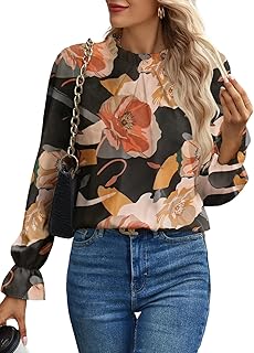 Women's Swiss Dot Shirt Ruffle Long Sleeve Pleated Crewneck Blouse Casua...