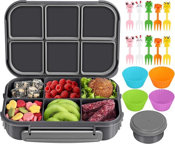 Amathley Brotdose Kinder mit FäChern,Bento Box Kinder,Brotdose Erwachsene,1200ml Lunchbox snackbox mit 6 FäChern,Saucenbehälter,10 Cartoon Bento Obstgabeln und 4 Muffinförmchen (Dunkelgrau) - 1