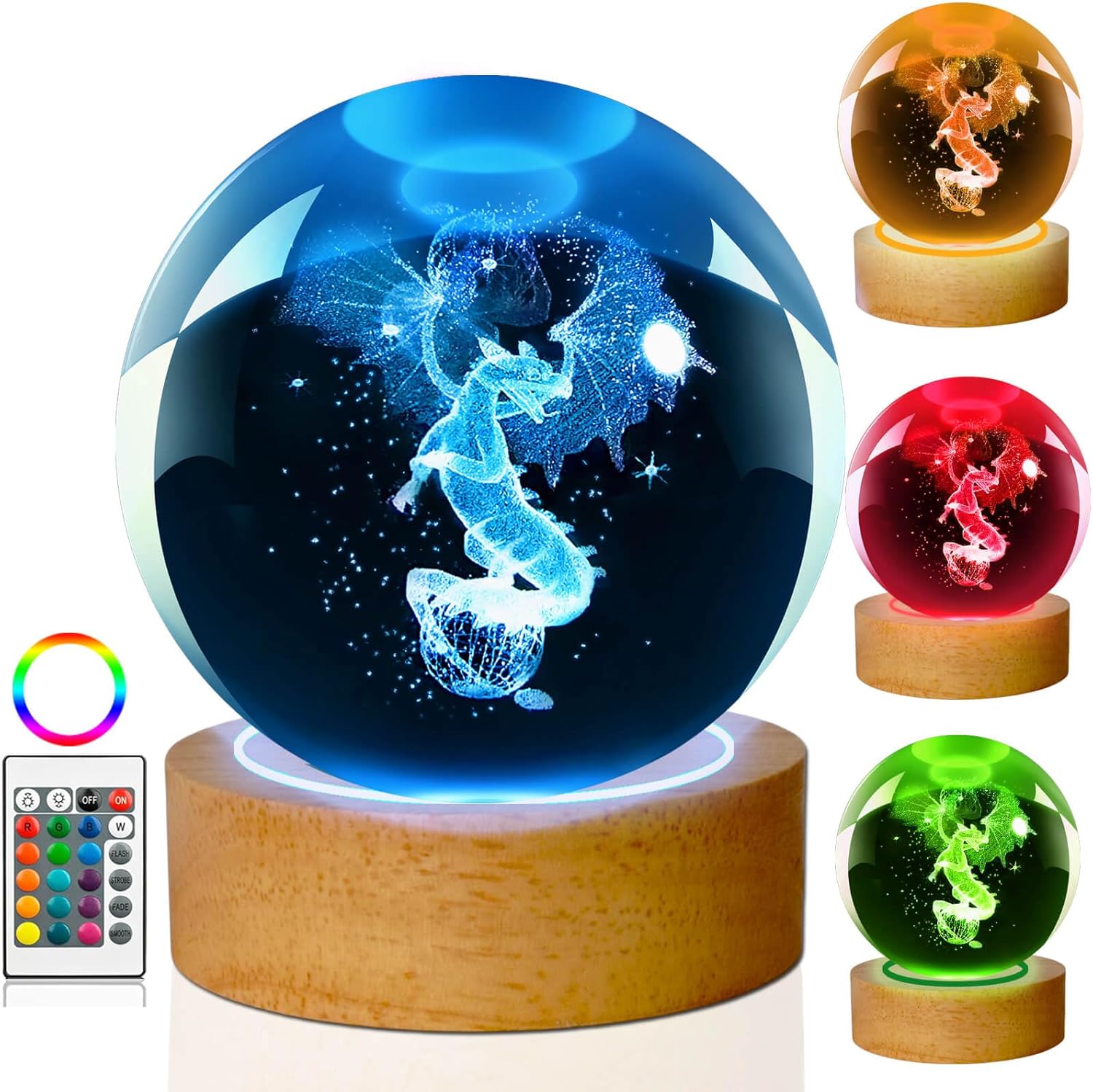 Dragon Table Lamp, 3.15in 16 Colors Crystal Ball Night Light with Wooden Base and Remote Control, Birthday Gift and Dragon Gifts for Women Men Kids (Dragon）