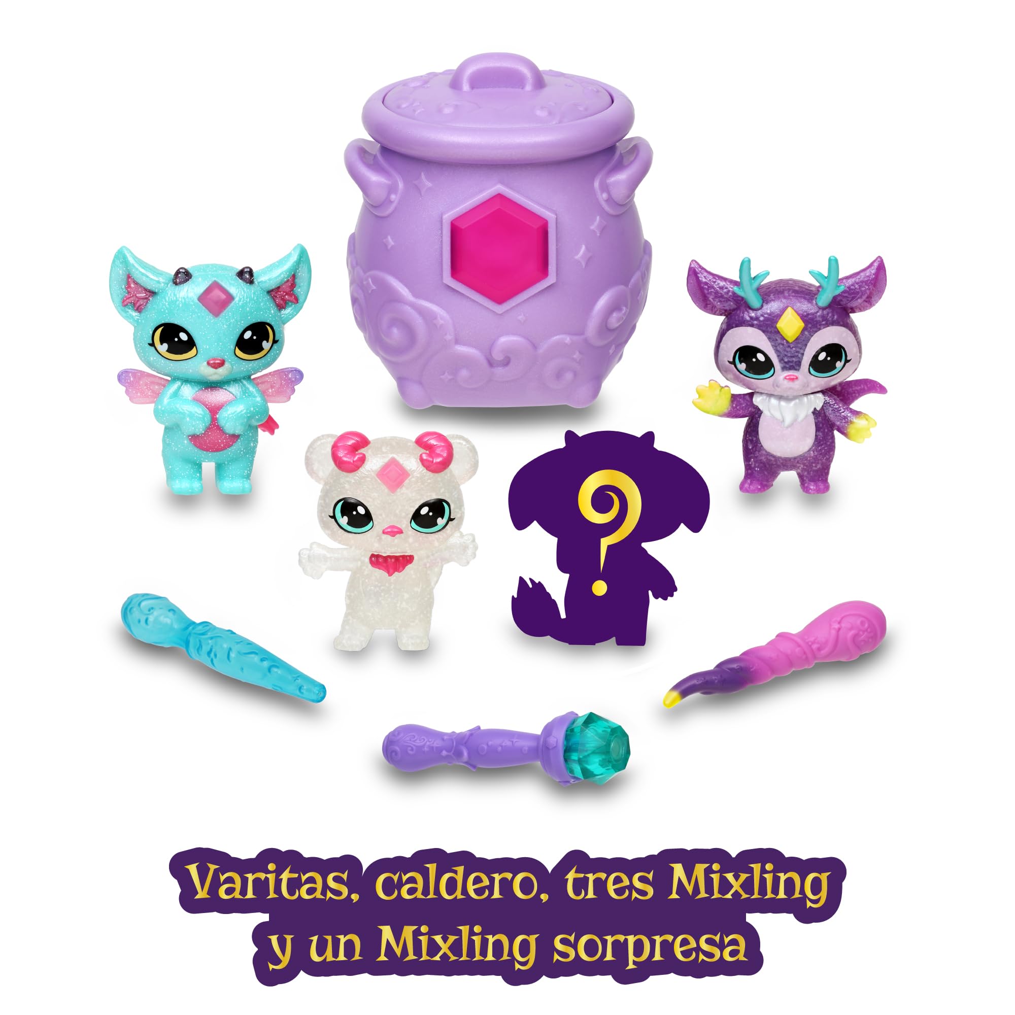Magic Mixies - Magic Mixlings Mega Pack, magiczny kocioł i 4 błyszczące lalki Mixies, 1 figurka niespodzianka, 3 magiczne różdżki, kolekcjonerskie zabawki, chłopcy i dziewczęta +4 lata, sławna