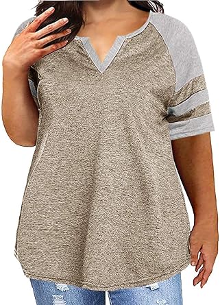 Amazon.com: Camiseta de manga corta raglán para mujer, talla grande,  informal, cuello en V, a rayas, suelta, de béisbol : Ropa, Zapatos y Joyería