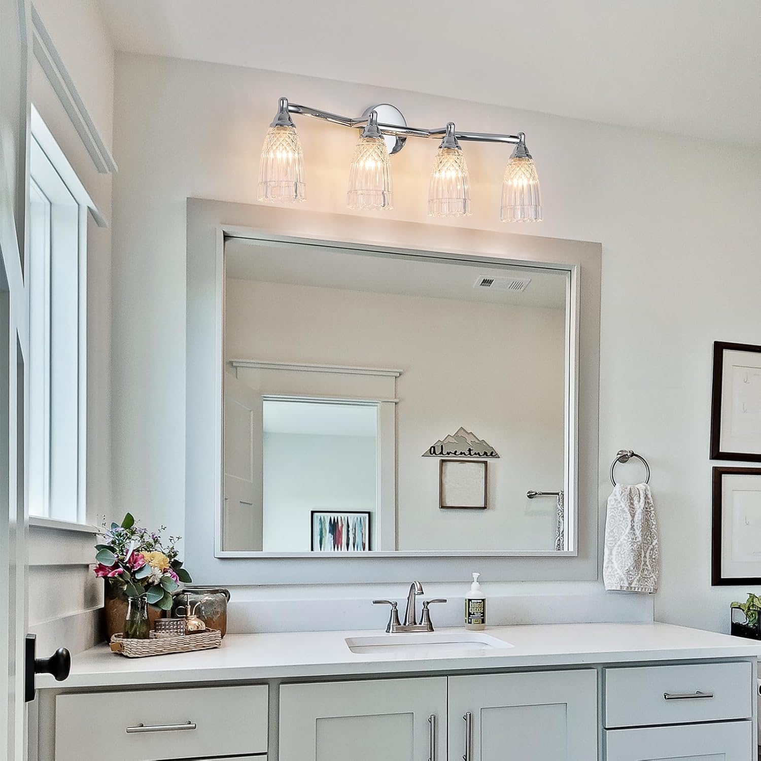 HDDFL Chrome Bathroom Vanity Light Fixture 4 Lights Modern Glass Wall Sconce for Bedroom Bath Living Room Hallway
