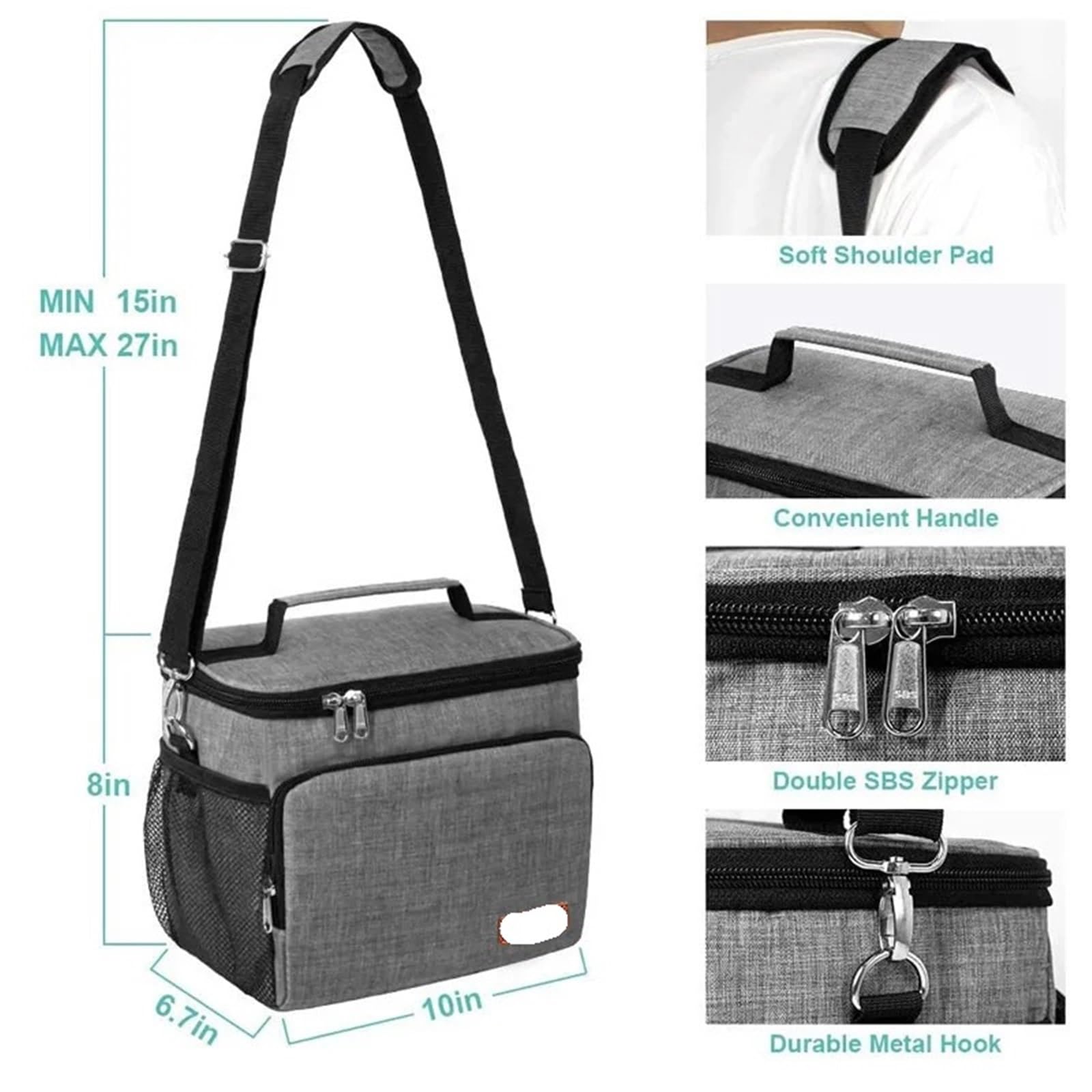 Bolsa térmica for el almuerzo, impermeable, gruesa, tipo bandolera, ideal for picnics escolares y familiares Para Trabajo, Escuela, Viajes, Salidas(GREY)
