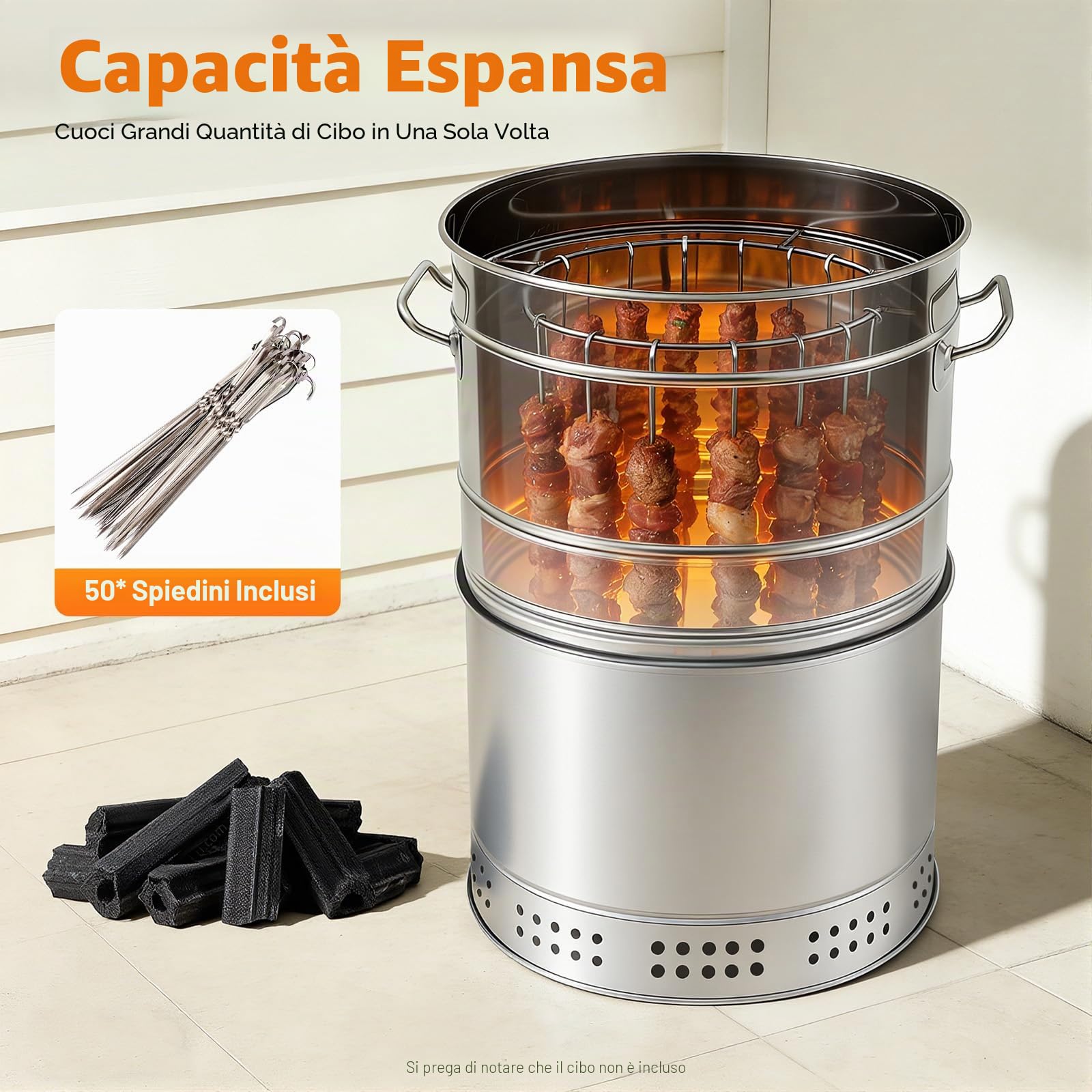 Barbecue verticale portatile a carbonella, senza fumo a 360° per esterni, con 50 spiedini, griglia a barile, griglia per barbecue, cucina all'aperto e viaggi