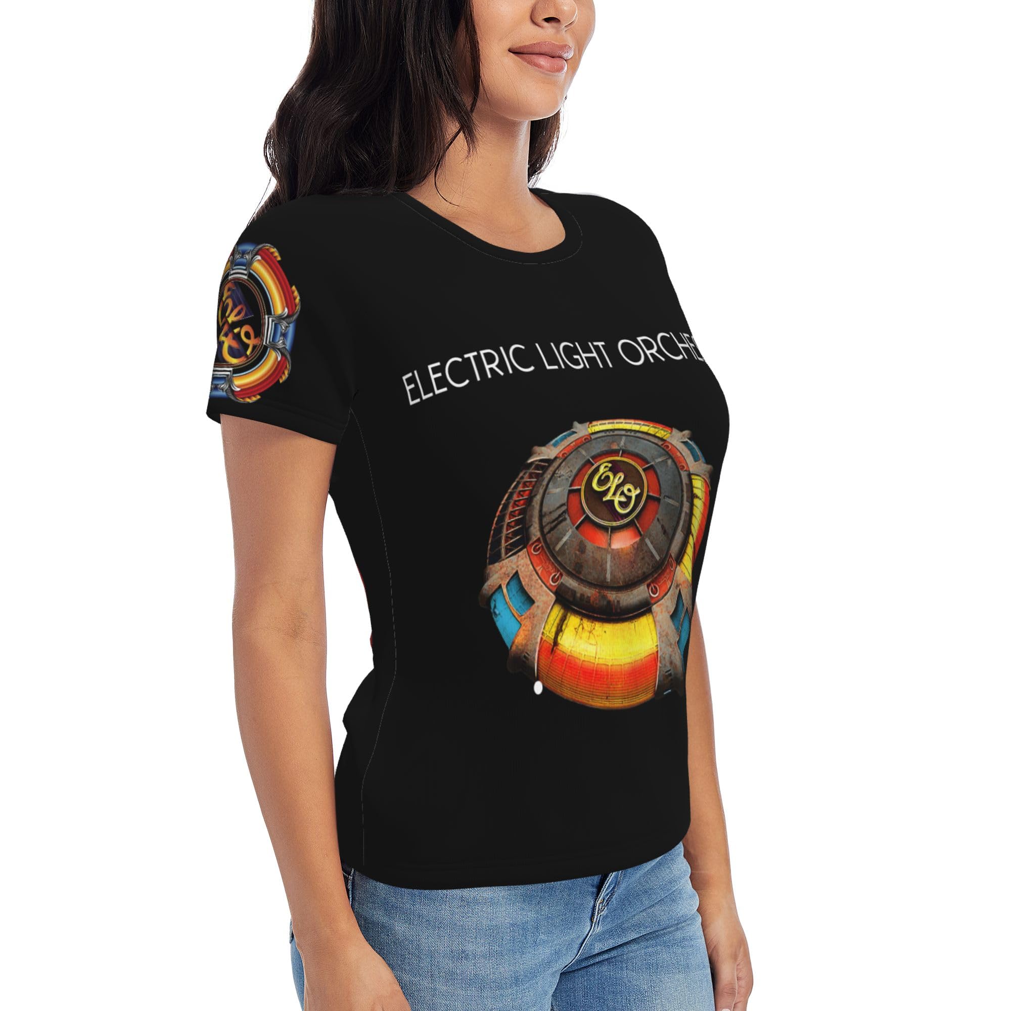 Mzpqdkslk Women's Black Electric Logo Graphic T-Shirt El*O Short Sleeve Light T Shirt For Round Neck Music Orches*Tra Clothes Merch For Fans