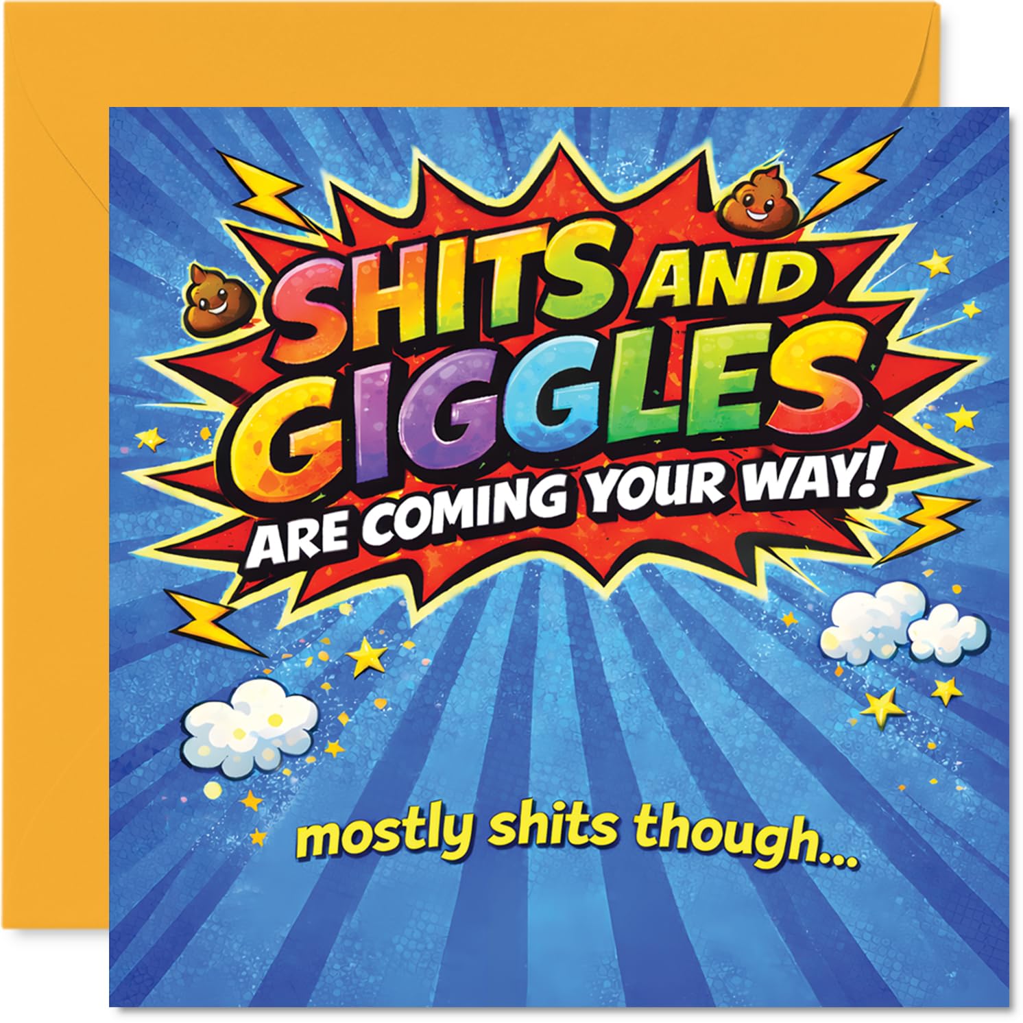 Cheeky Birthday Card - All the Laughs with a Comic-style Burst - Vibrant Colours and Playful 'Sh*ts and Giggles' Slogan - 145mm Square, Envelope Included