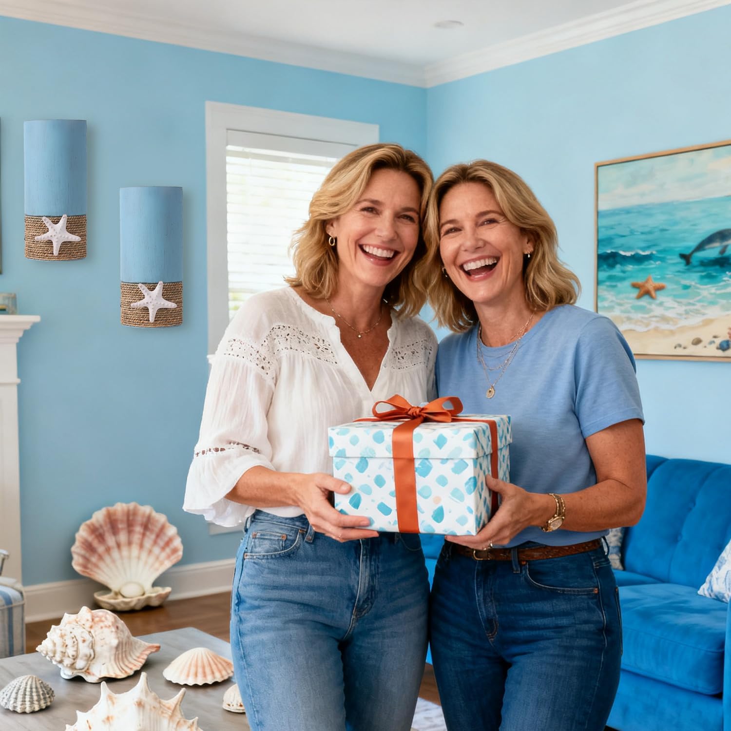 2 Pack Blue Metal Wall Vase,Coastal Wall Vase for Flowers(No Artificial Flowers Included), Ocean Decor Hanging Vases,Coastal Ocean Home Decor for Living Room,Entrance,Hallway,Bedroom (Blue Wall vases)