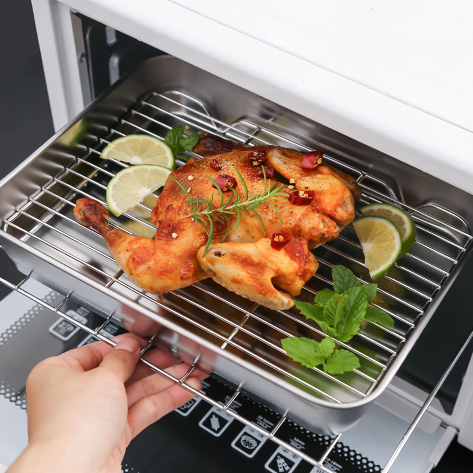 Leopacat Broiler Pan for Oven, Rectangular Tray Deepened Kitchen Bakeware Rack Roaster Refrigerated Crisper Chassis Grid Roasting Pans Cookie Nonstick Cake Pastry with Grill Set (10.43x8.07x1.96 Inch)