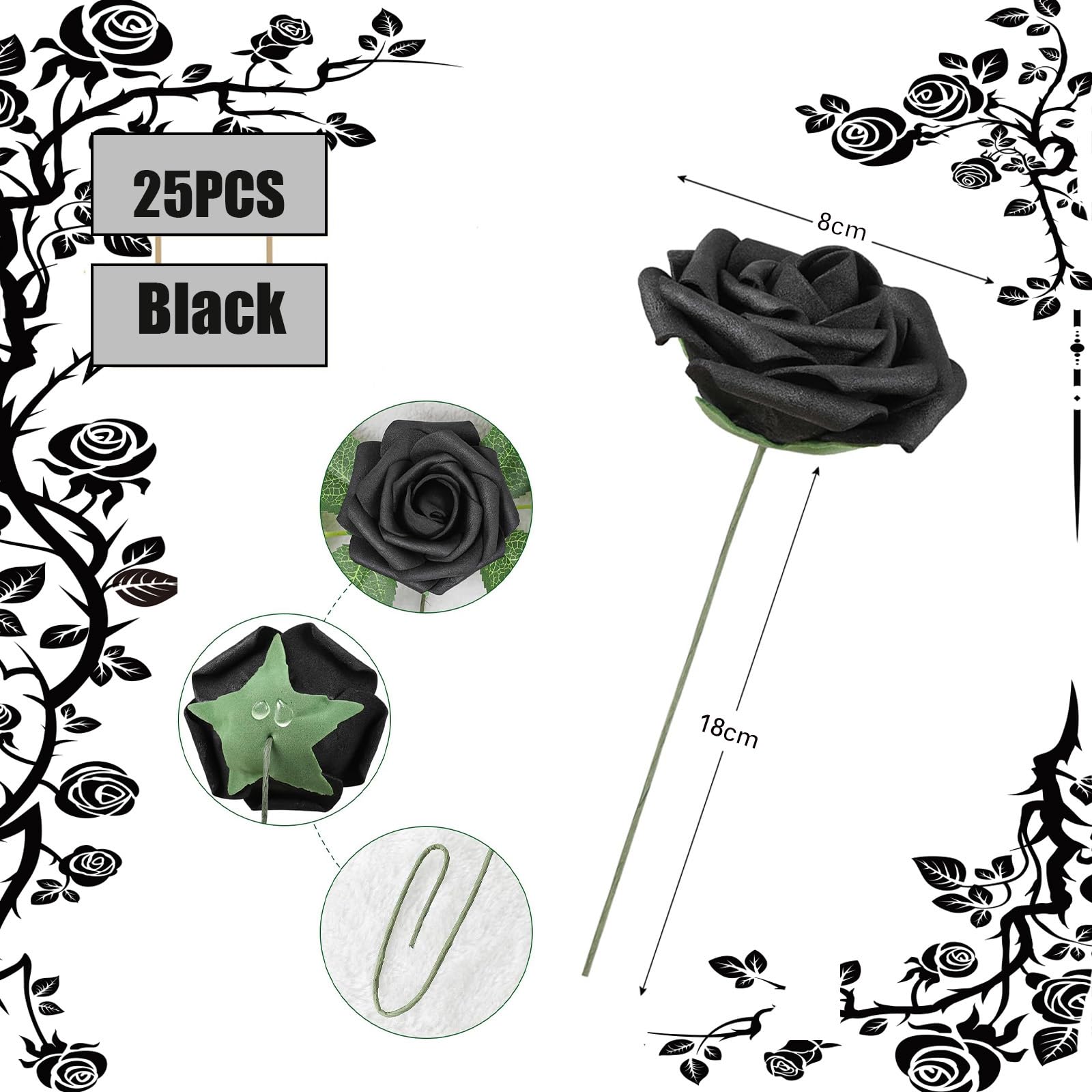 25Pcs Black Artificial Roses, Real Touch Foam Roses with Stems, 4 Leaves, Artificial Flowers for Wedding Bridal Bouquets - Image 2