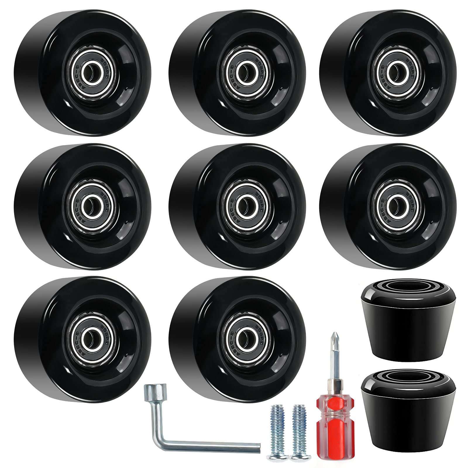 Nezylaf 8 Pack Roller Skate Wheels with Bearings Installed and 2 Toe Stoppers for Double Row Skating, Quad Skates and Skateboard Outdoor or Indoor Use, 32mm x 58mm 82A (Black) (Black)