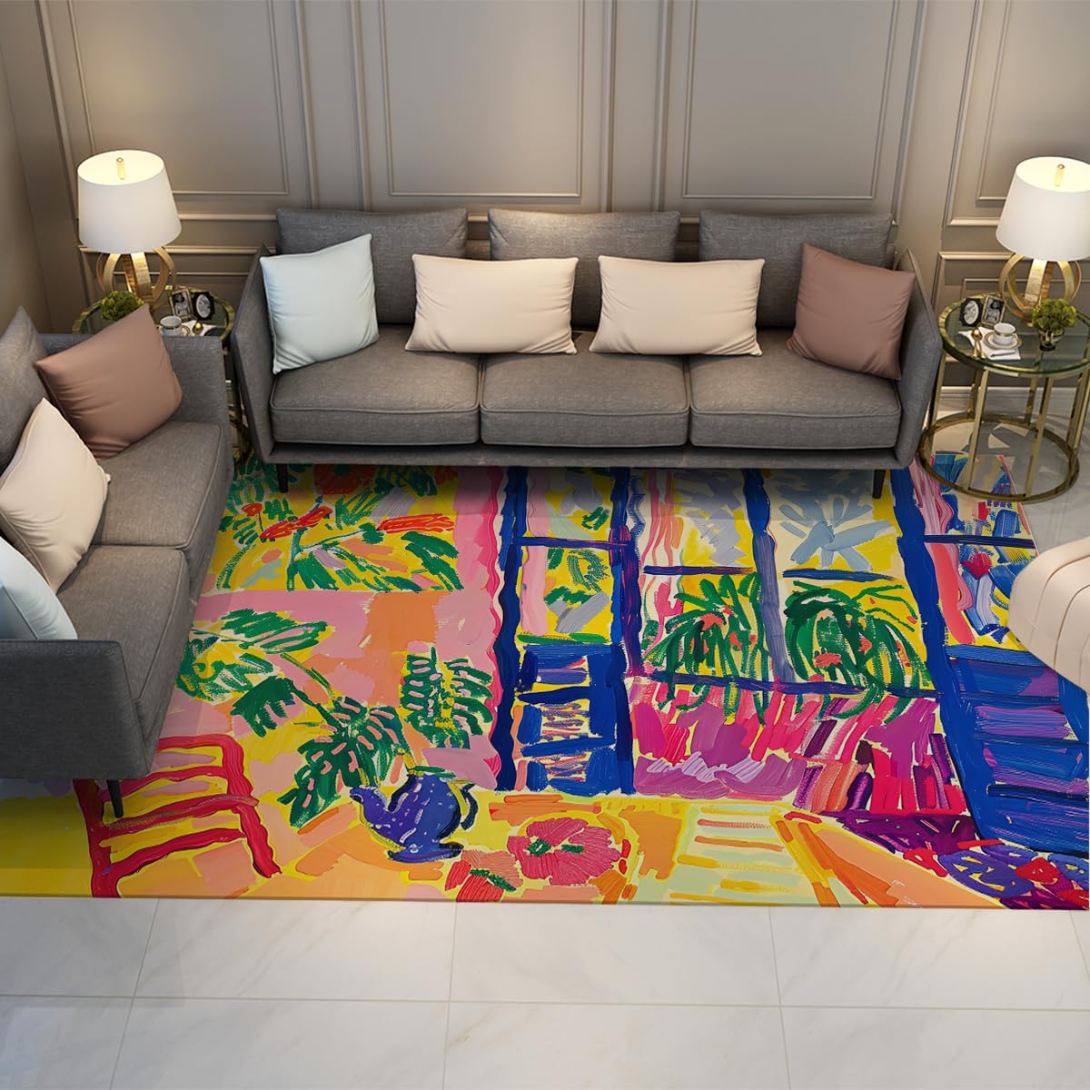 Tapis de sol imprimé lavable grand modèle abstrait art contemporain pour raviver une chambre