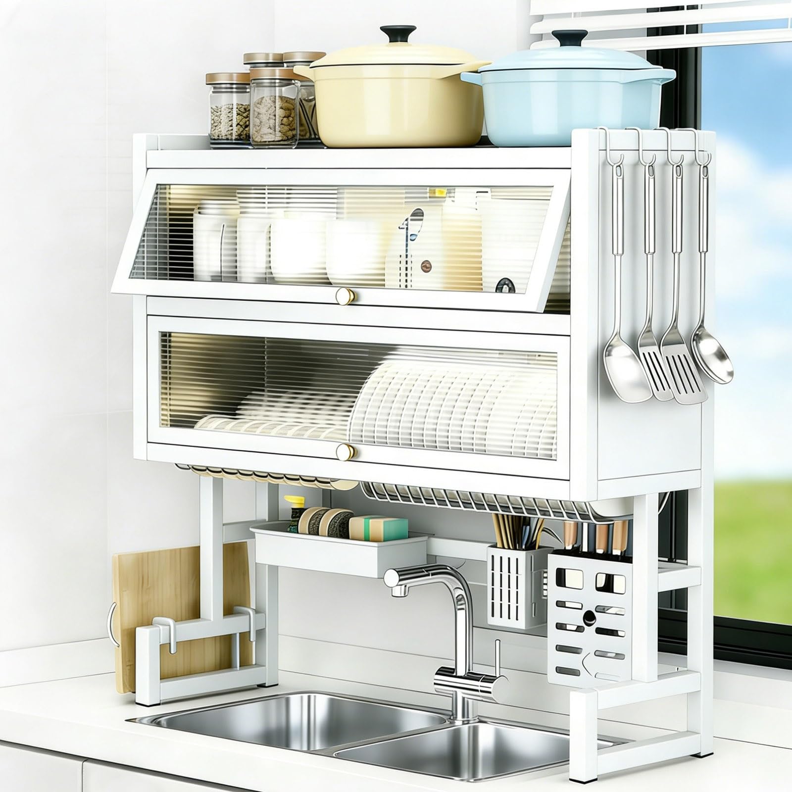 Escurridor de encimera de 3 Niveles, Acabado Lacado Piano, Gran Capacidad, con Tapa para la Superficie de Trabajo - Ahorra Espacio (Blanco 65 cm)