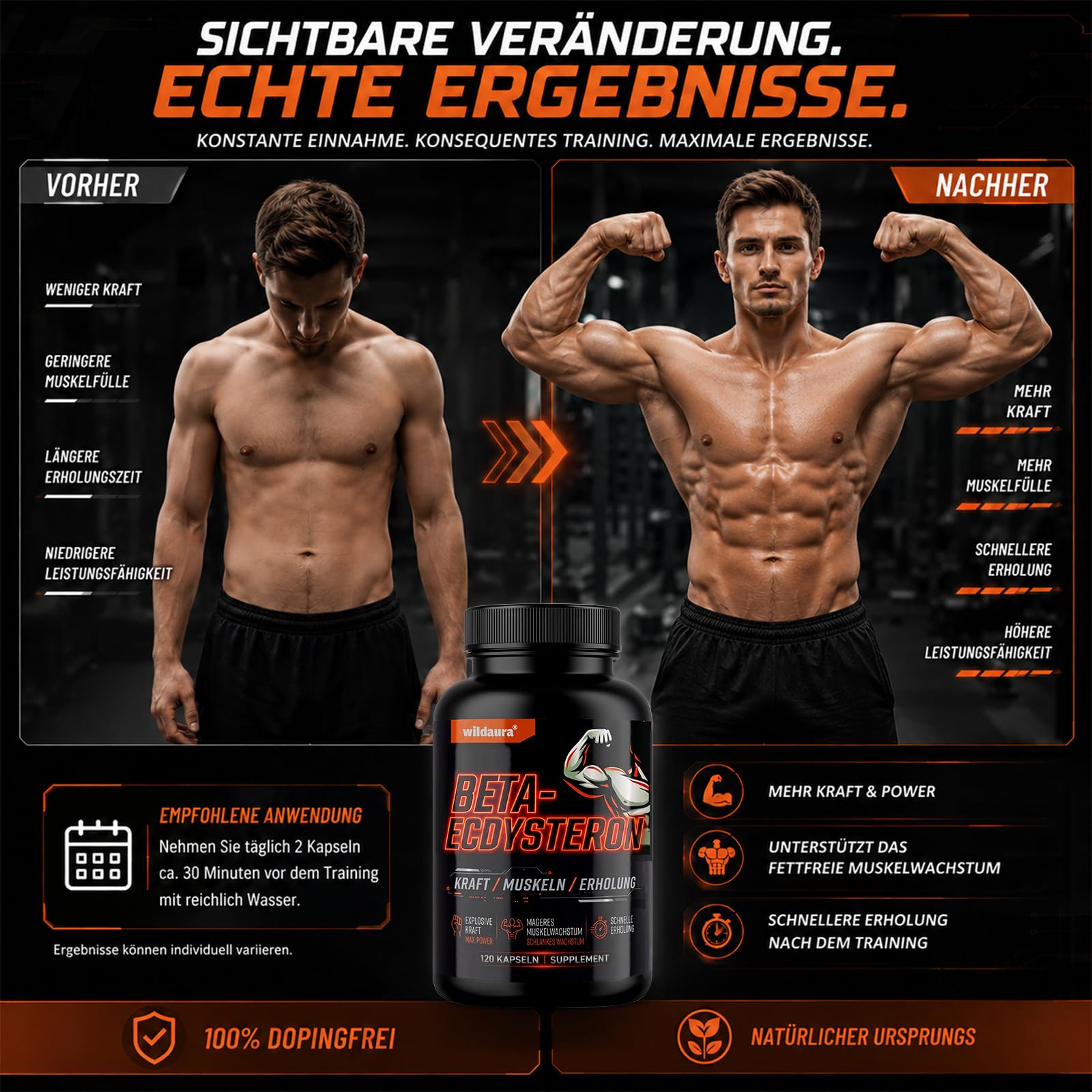 Beta Ecdysteron, 1200mg Hohe Reinheit Ecdysterone Supplement für Muskelaufbau, Fitness & Kraftsport, 120 Vegane Kapseln