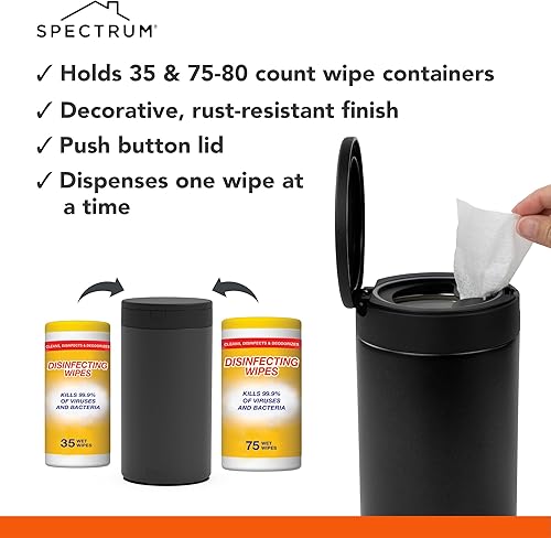 Miniatura 9 de Spectrum - Contenedor de toallitas desinfectantes con tapa de botón  Dispensador recargable para baño, cocina, aula, encimera y hogar  Soporte de