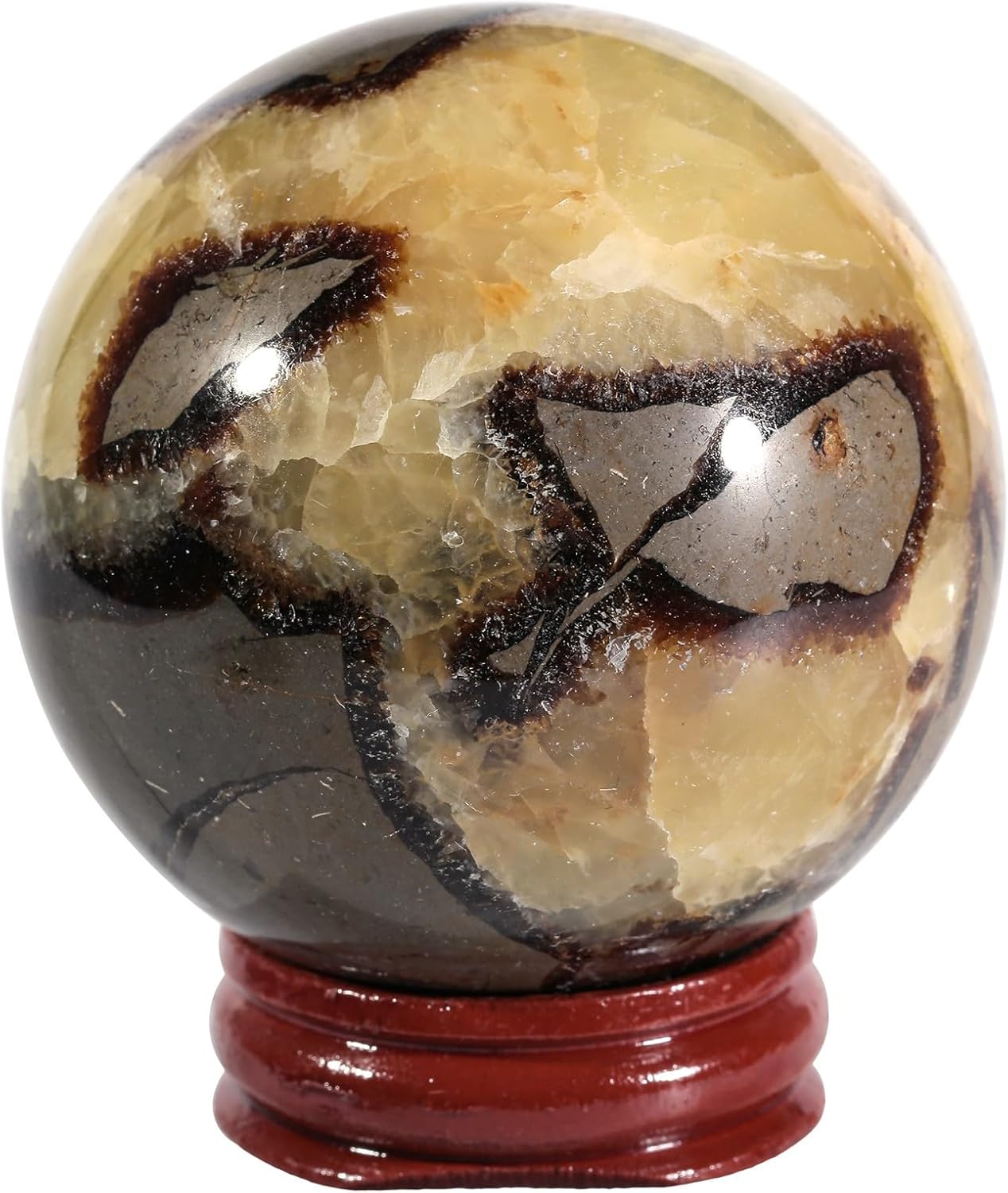 Amogeeli Septarian Dragon Stone Sphere with Wooden Base Crystal Ball for Healing Witchcraft Desktop Display 2-2.36"