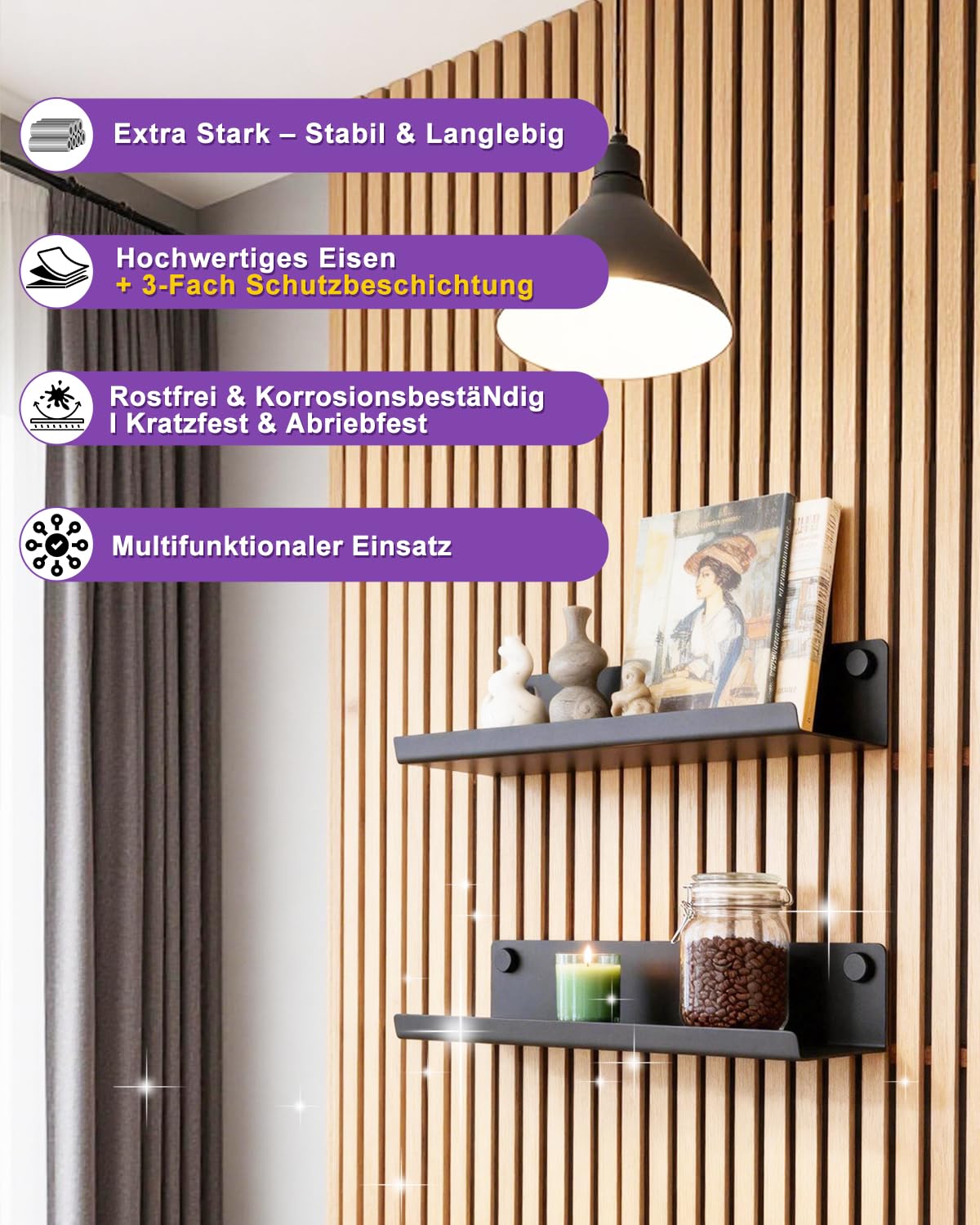 Haliya Regal für Akustikpaneele – 7,5x36 cm Wandregal ohne Bohren – Metall Schwarz matt – Zubehör für Akustikpaneele, Ablage für DIY Wandorganizer, Schweberegal für Wohnzimmer, Büro, Küche