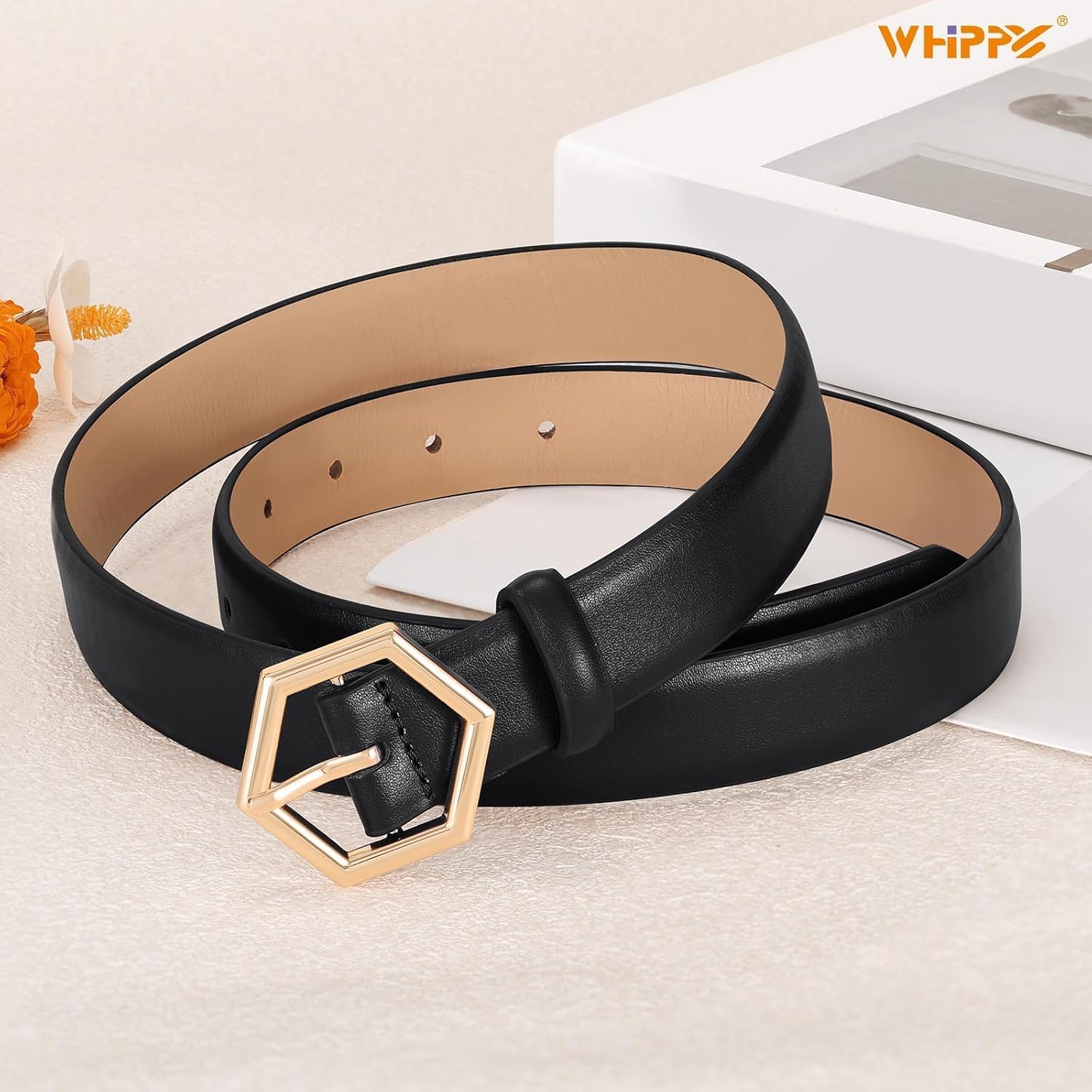 WHIPPY Skinny Leather Belt for Women Casual Waist Belt for Jeans Pants Fashion Ladies Thin Belt with Gold Buckle image 2