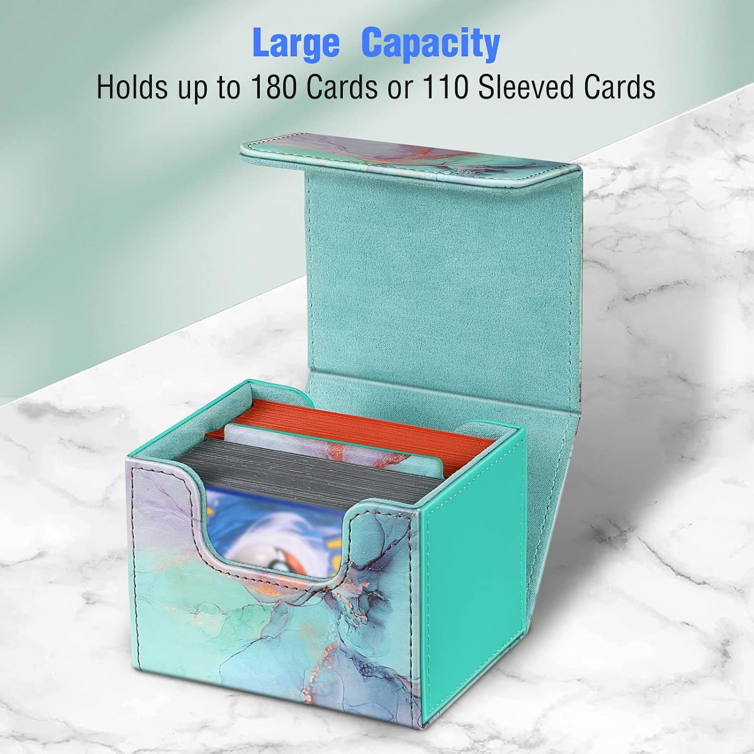 CaseBot Card Deck Box Compatible with MTG/TCG/CCG, Magnetic Game Card Case Large Size Fits Up 180+ Game Cards with PU Divider, Emerald Marble image 3