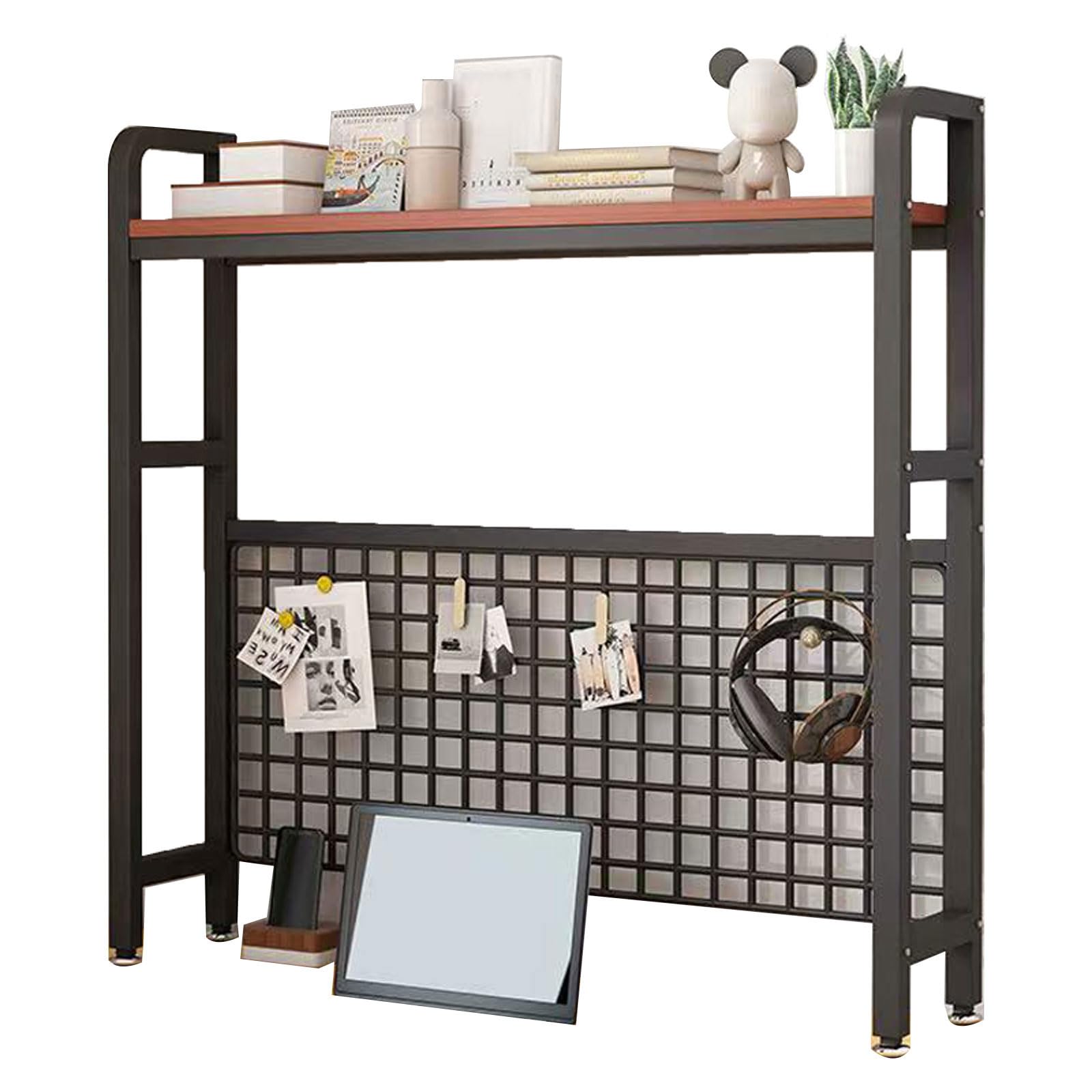 SXZenSpace Metal Desktop Shelves Multipurpose Bookshelf Organizer for Computer Desk with Grid and Hooks
