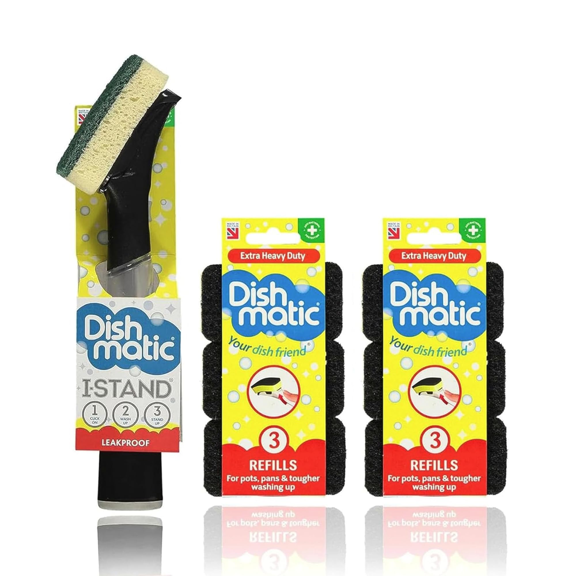 Dishmatic Leakproof Washing Up Brush Set- Self Standing Bacteria Free Kitchen Scourer including 6x Extra Heavy Duty Refills (Color May Vary)