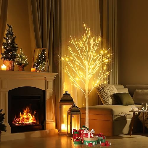 Árbol de abedul de 6 pies con luces LED árbol de abedul iluminado blanco con 96 luces LED árbol de Navidad de ramita con luces blancas cálidas para