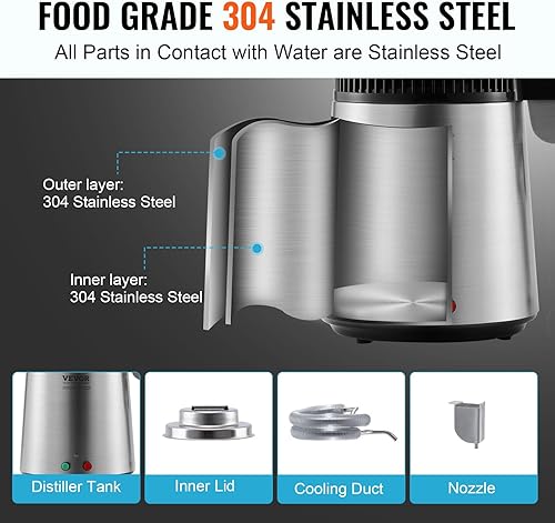 Miniatura 6 de VEVOR Destilador de agua, filtro purificador de agua pura de 4L 1.05 galones para encimera del hogar, fabricante de agua destilada de 750 W,