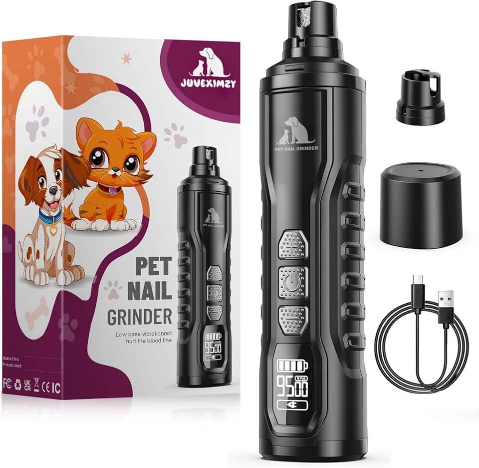 Electric Dog Nail Grinder: 5-Speed Quiet Dog Nail Trimmer with LED Light, Adjustable Safety Guard, Rechargeable Cordless Design fo