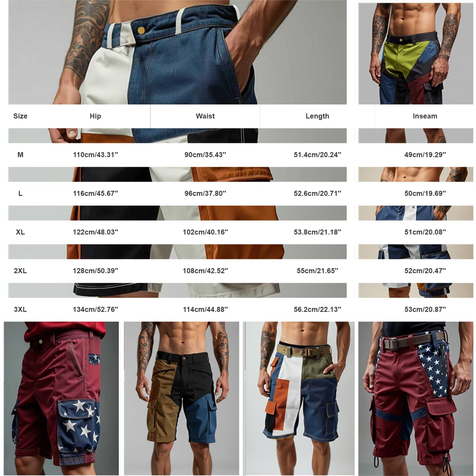 Short cargo pour homme avec stretch - Short d'extérieur patchwork