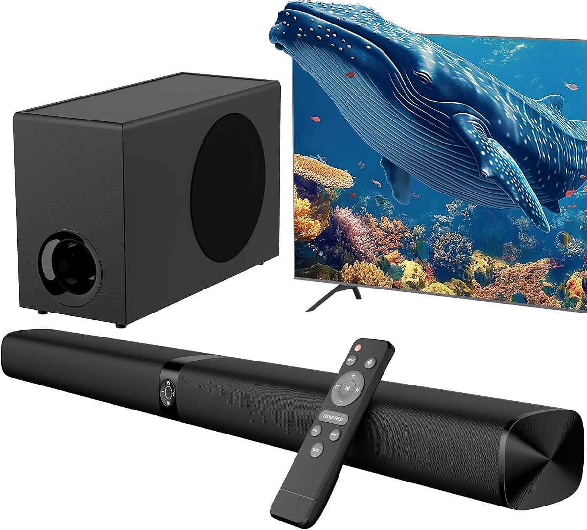 Sound Bar with Subwoofer, 110W Sound Bar for Smart TV, with Deep Bass & Volume Boost & 3 Equalizer Modes, Bluetooth/ARC/Opt/AUX Connect, Detachable Soundbar for TV/PC/Gaming/Projectors