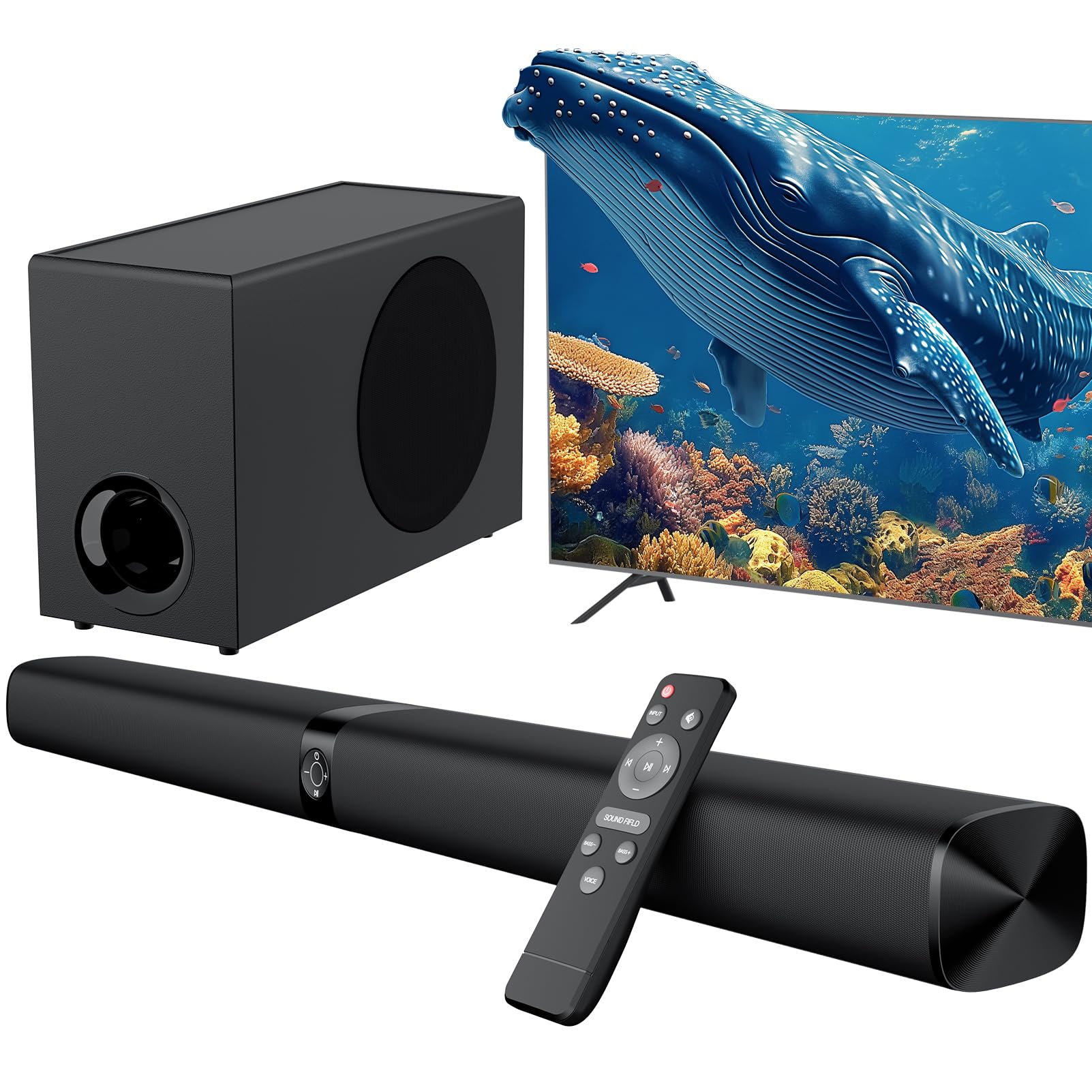 Assistrust Sound Bar with Subwoofer, 110W Sound Bar for Smart TV, with Deep Bass & Volume Boost & 3 Equalizer Modes, Bluetooth/ARC/Opt/AUX Connect, Detachable Soundbar for TV/PC/Gaming/Projectors