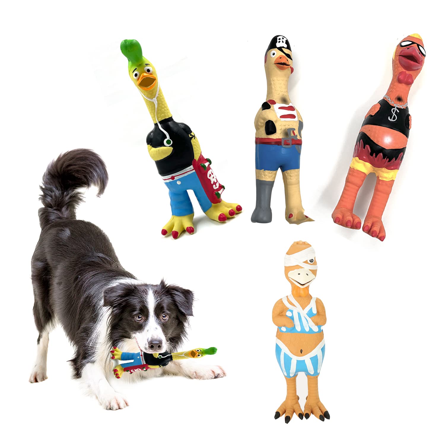 Lannso Pet Dog Squeaky Toys Screaming Rubber Chicken Dog Chew Toys for Small Medium Dog Novelty Durable Play Fetch Reduce Separation Anxiety 4 Pack Gift