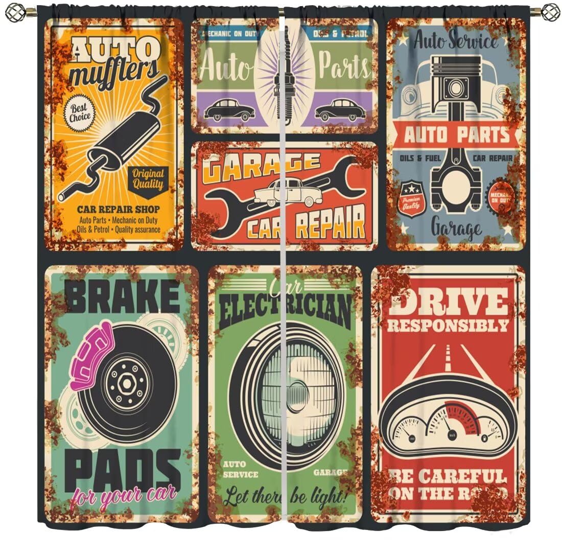 Vintage Car Curtains,Retro Country Garage Antique Car Repair Shop Poster Print Window Treatments for Bedroom Living Room Kitchen Café Drapes 2 Panels