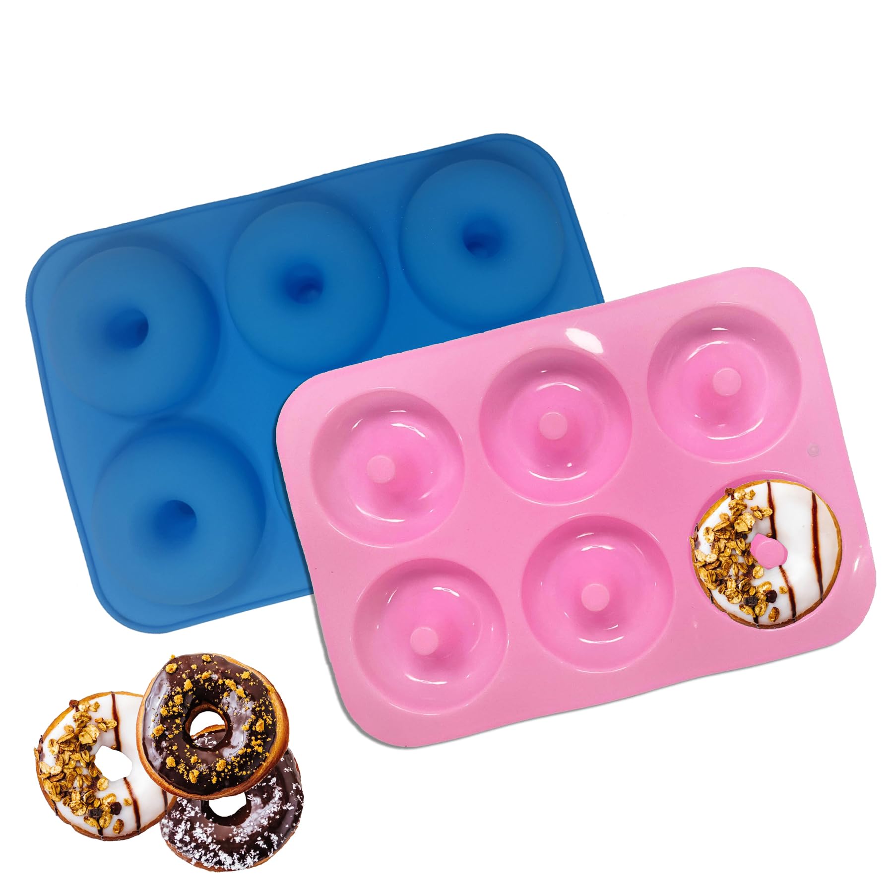 Moldes de silicona antiadherente para donas, 2 moldes para donas, hornear semiciresferas, pasteles, pan, 6 agujeros, utensilios de cocina, rosa y azul 2