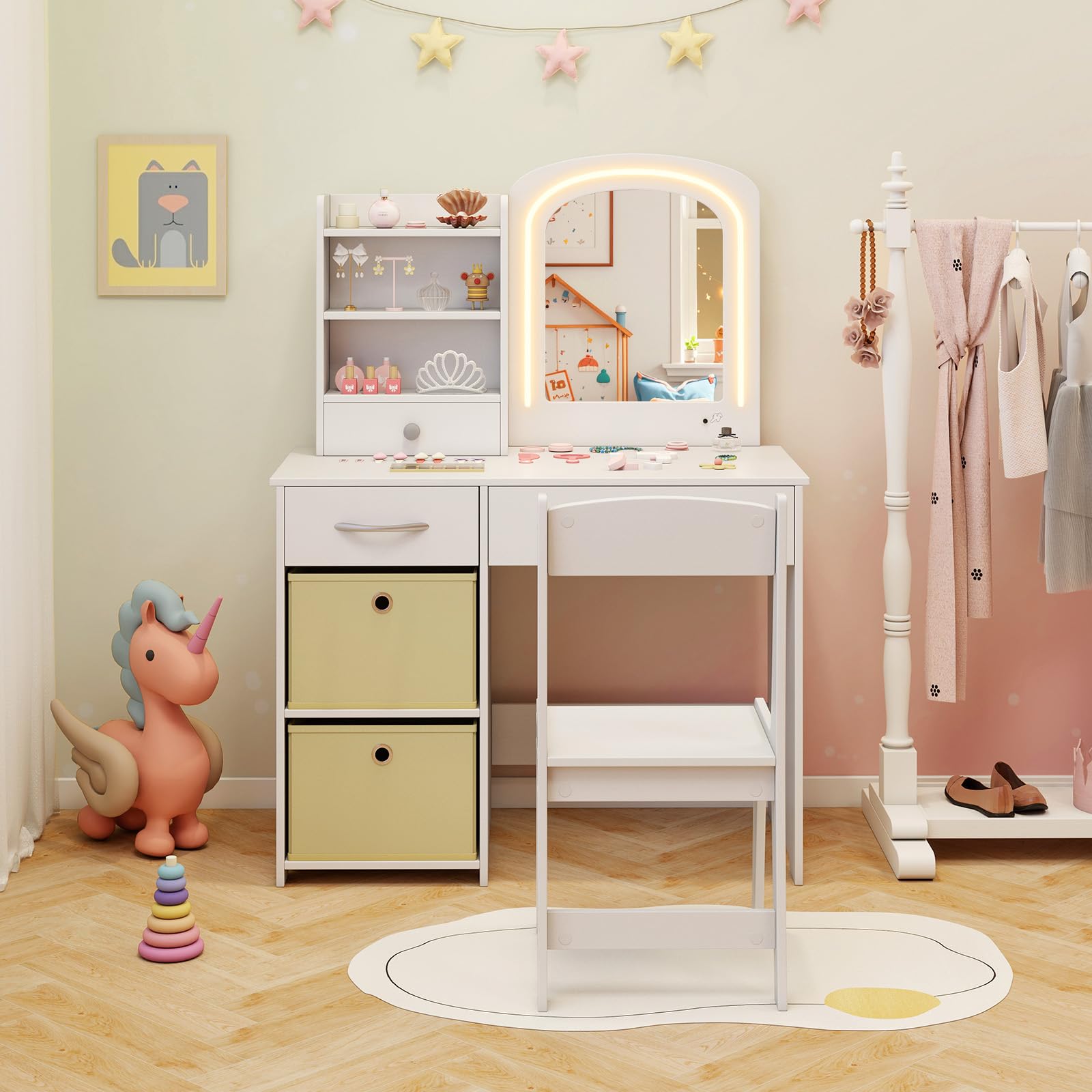 COSTWAY Coiffeuse Enfant Fille avec Chaise & Miroir Lumineux, Bureau Enfant Fille avec 3 Étagères & 3 Tiroirs & 2 Bacs en Tissu, Dispositif Anti-basculement, Charge 50/75kg pour Enfant de 3 Ans+