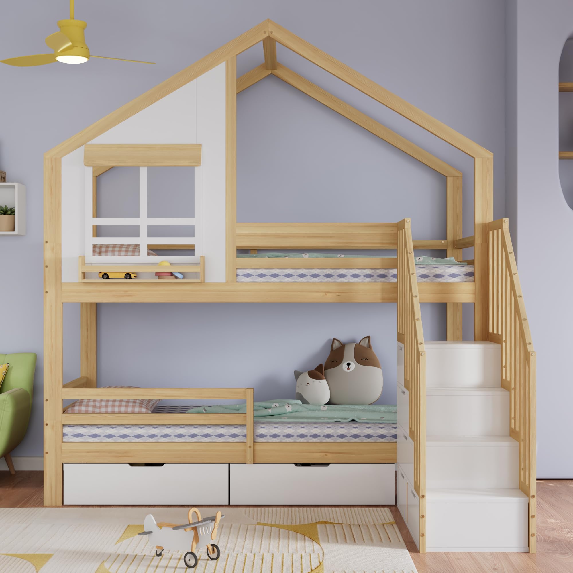 Etagenbett Kinderbett 90x200 cm, Hochbett mit Stauraum Treppe & Mehrere Schubladen, Holzbett Jugendbett mit Fenster, Handläufen Sicherheitsleiter & Rausfallschutz, Weiß+Natur, ohne Matratze