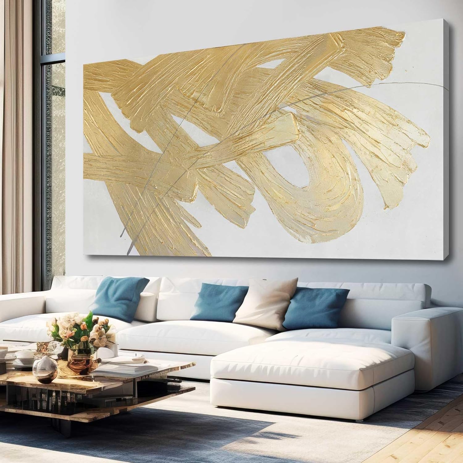 XIANSHOU Wall Decorations for Living Room Gold and White Abstract Canvas Art Oil Painting Large Minimalist Decor Wall Art for Office Bedroom Home 29x 58