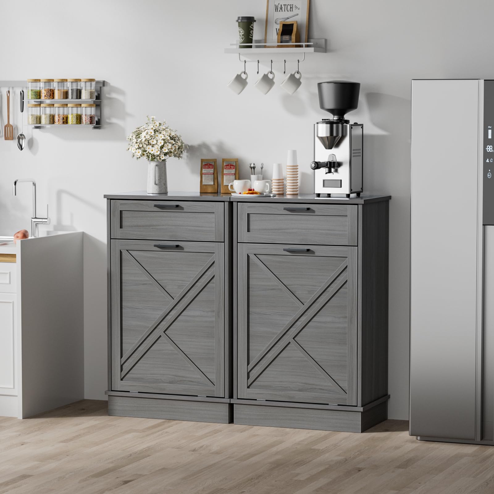 Armoire à déchets inclinable avec tiroir - 38 l - Poubelle étroite - Îlot de cuisine avec plan de travail - Armoire pour cuisine sans poubelle - Pour cuisine, salon, salle de bain