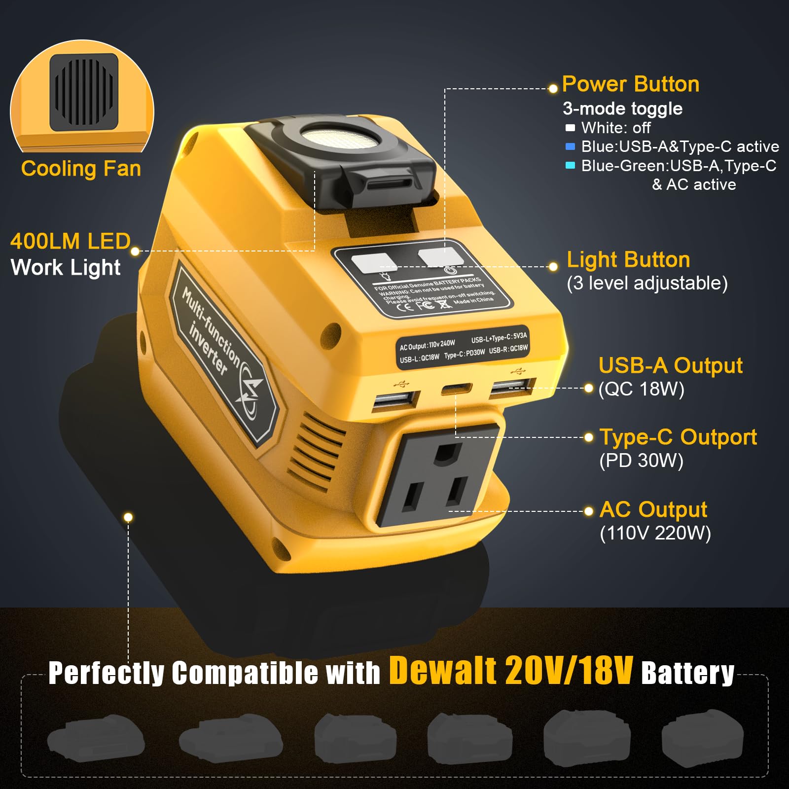 2 Packs 220W Portable Power Inverter Compatible with Dewalt 20V Battery DC 20V to AC 110V Battery Inverter — view 2