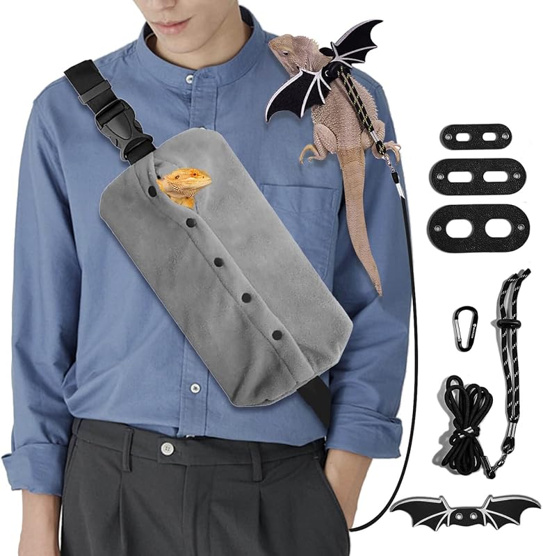 Peitoral com Guia e Bolsa Sling para Dragão-Barbudo WATFOON em Couro e Flanela, Preto com Bolsa Cinza
