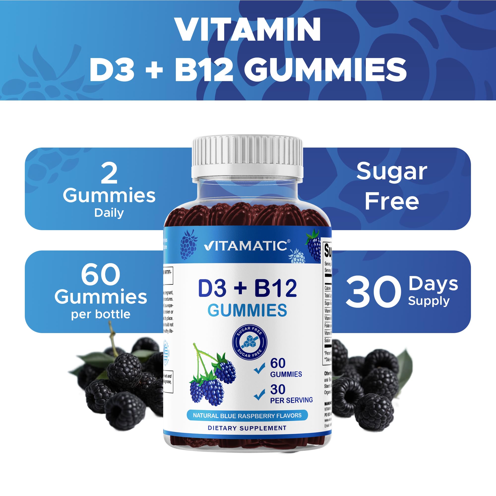 Vitamatic Vitamin D3 + B12 Gummies Made with Folate & Vitamin B6 - Natural Blue Raspberry Flavor – 60 Gummies – Made in the USA — Amazon image 7