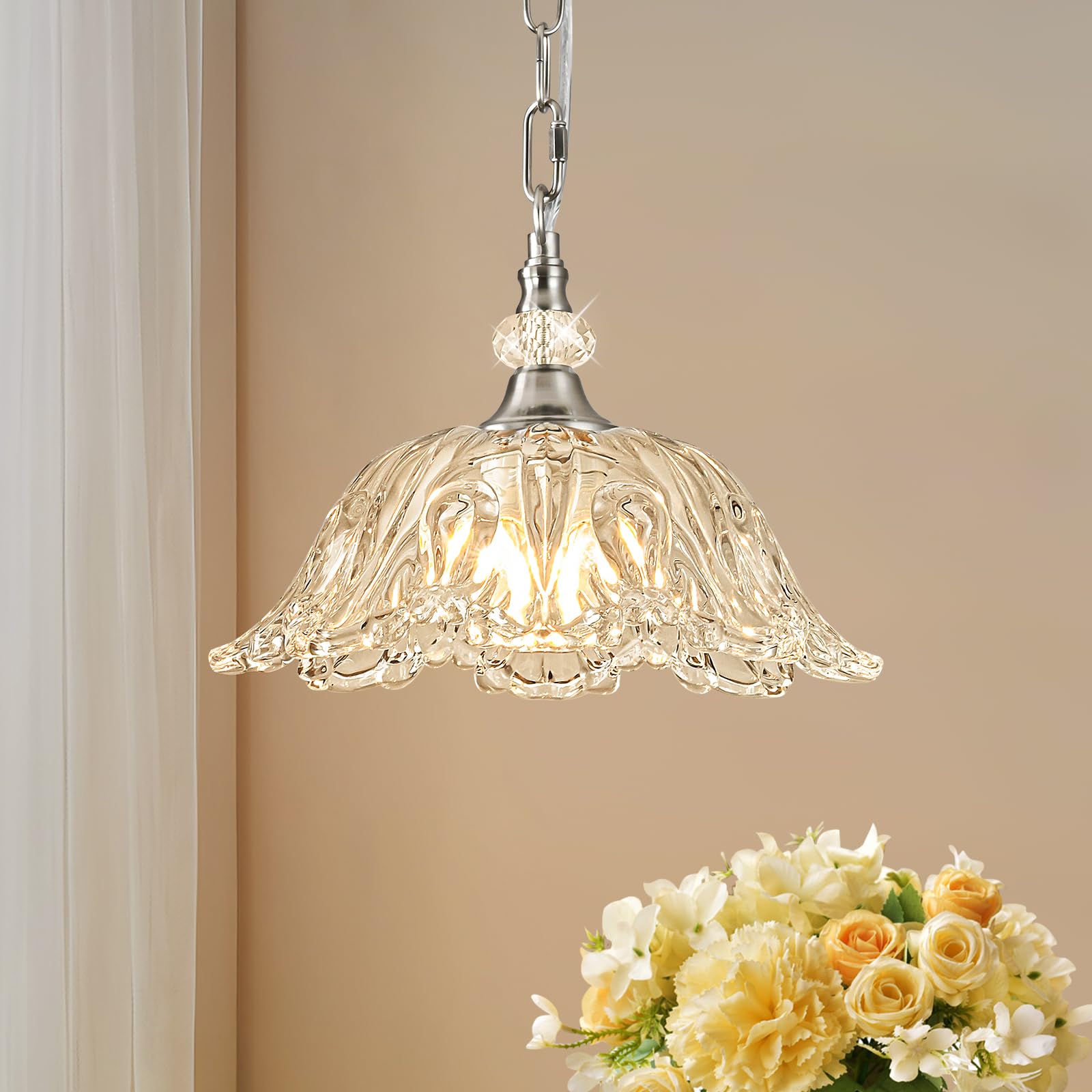 Photo 1 of sunkryster 1 Piece Brushed Nickel Chandelier Light Fixtures with Crystal Glass Shade,Brushed Nickel Finish Pendant Light,Hanging Light for Dining Room,Hallway,Living Room,Bedroom