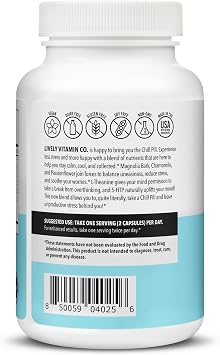 LIVELY VITAMIN CO. Chill Pill - Calm Mood - Relax - Restful Deep Sleep - REM - Stress - Anxiousness - Magnolia Bark - Chamomile - L-Theanine - Passionflower - 5-HTP - 90 Vegan Capsules