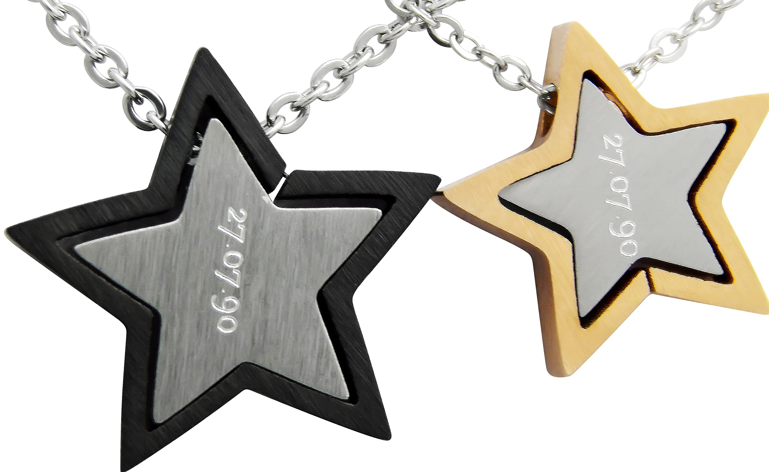 2 Stück Personalisierte Kette mit Gravur Edelstahl 45 cm mit Anhänger Stern mit Datum in silber schwarz gold - Personalisierte Geschenke für Damen Herren Freundin Freund - Partner Halskette
