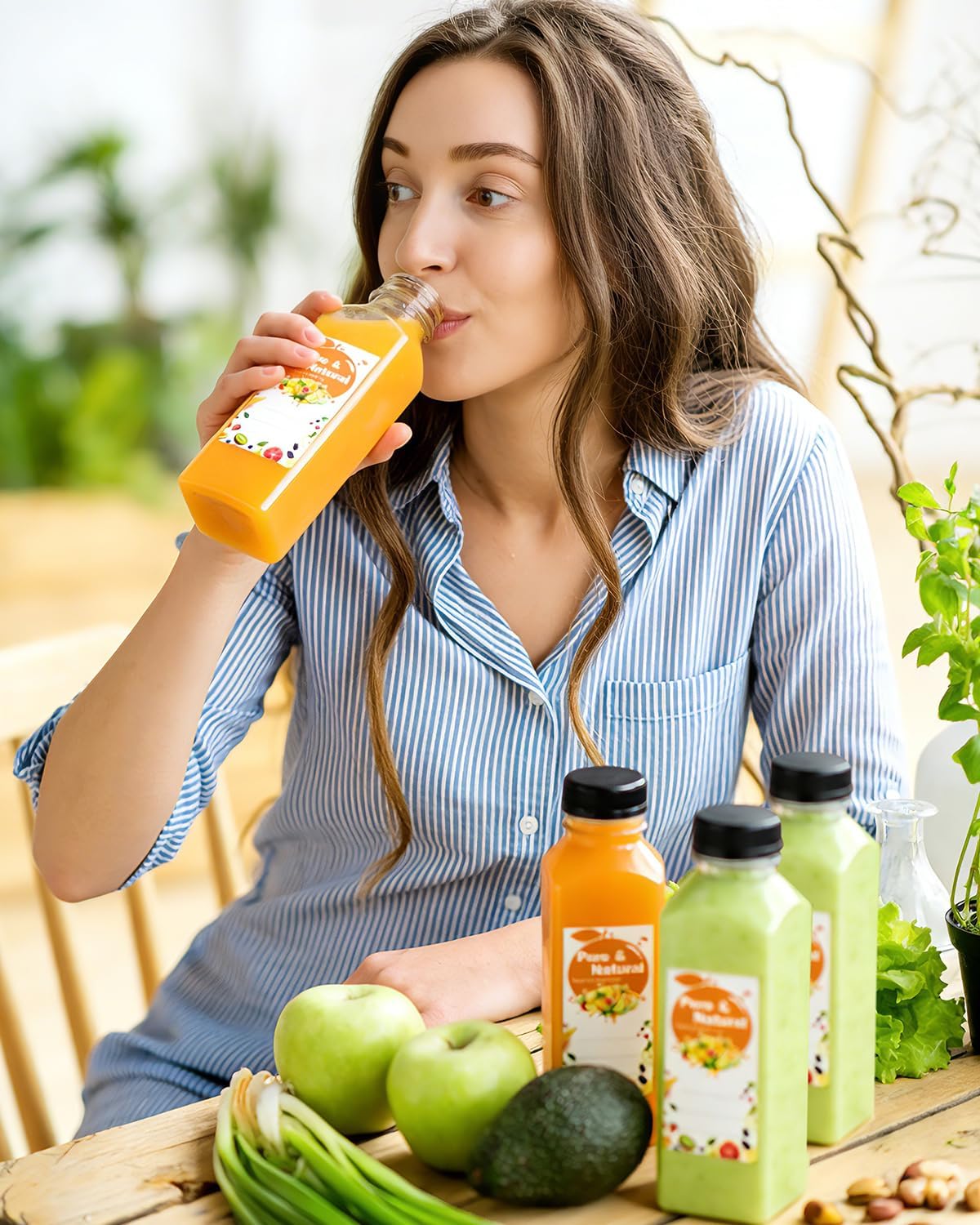 36 Pack 16oz Plastic Juice Bottles with Caps, Empty Reusable Bottles for Juicing Bevergae, Plus Labels & Funnel & Brush, Clear Juice Containers with Lids for Smoothies Ginger