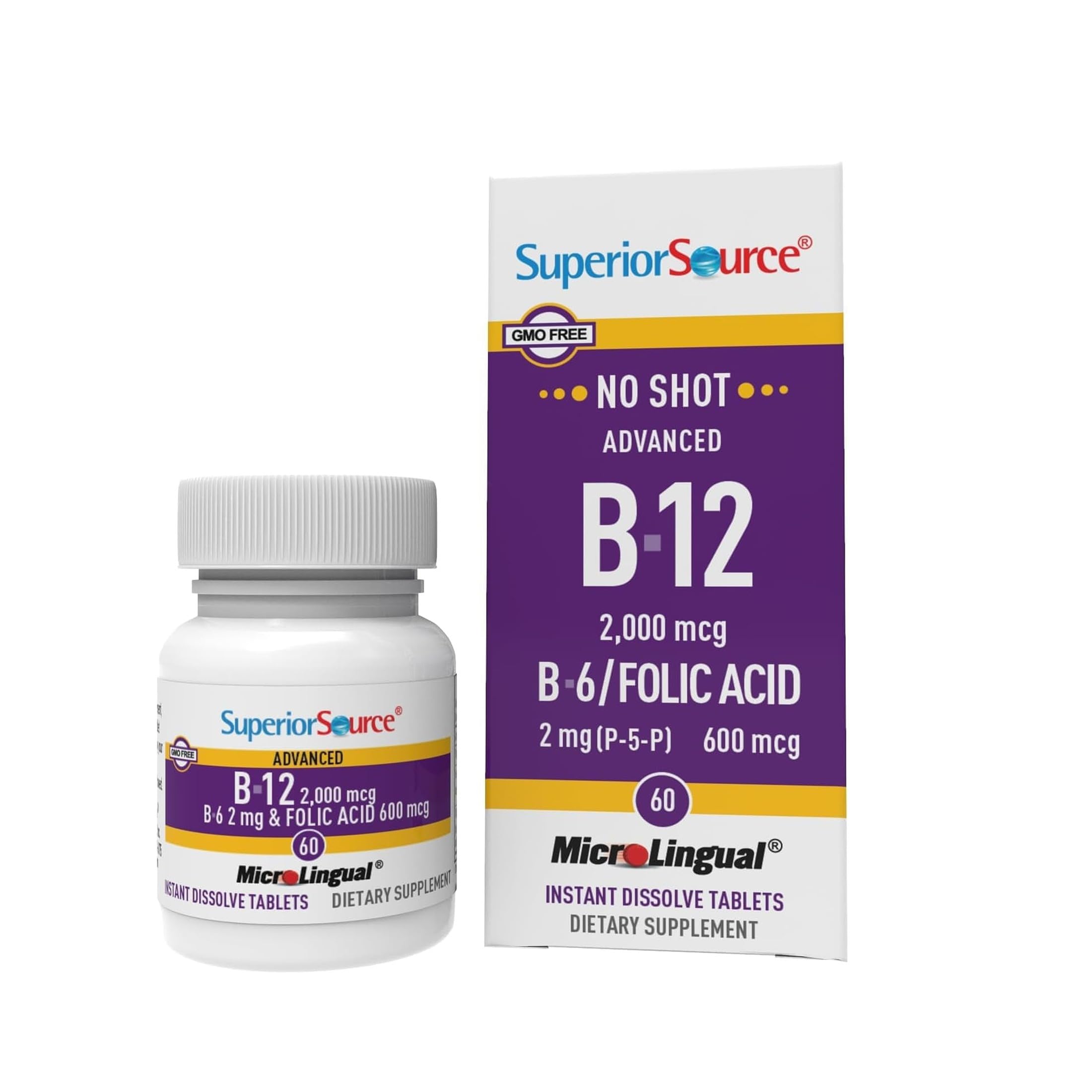 Superior Source NO Shot Advanced B-12 2,000 mcg B-6 / Folic Acid 600 mcg - Folic Acid for Women & Men - B Vitamins Supplement Supports Energy & Cell Health - 60 Sublingual Dissolving Tablets
