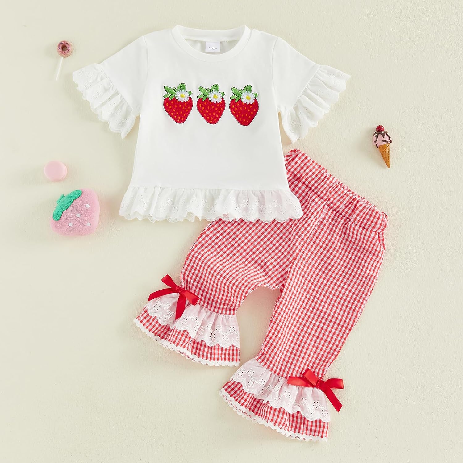 VISGOGO Baby Girl 2PCS Ruffle Outfit Strawberry/Apple Embroidered Top Gingham Pants Set Toddler Kids Girl Summer Clothes