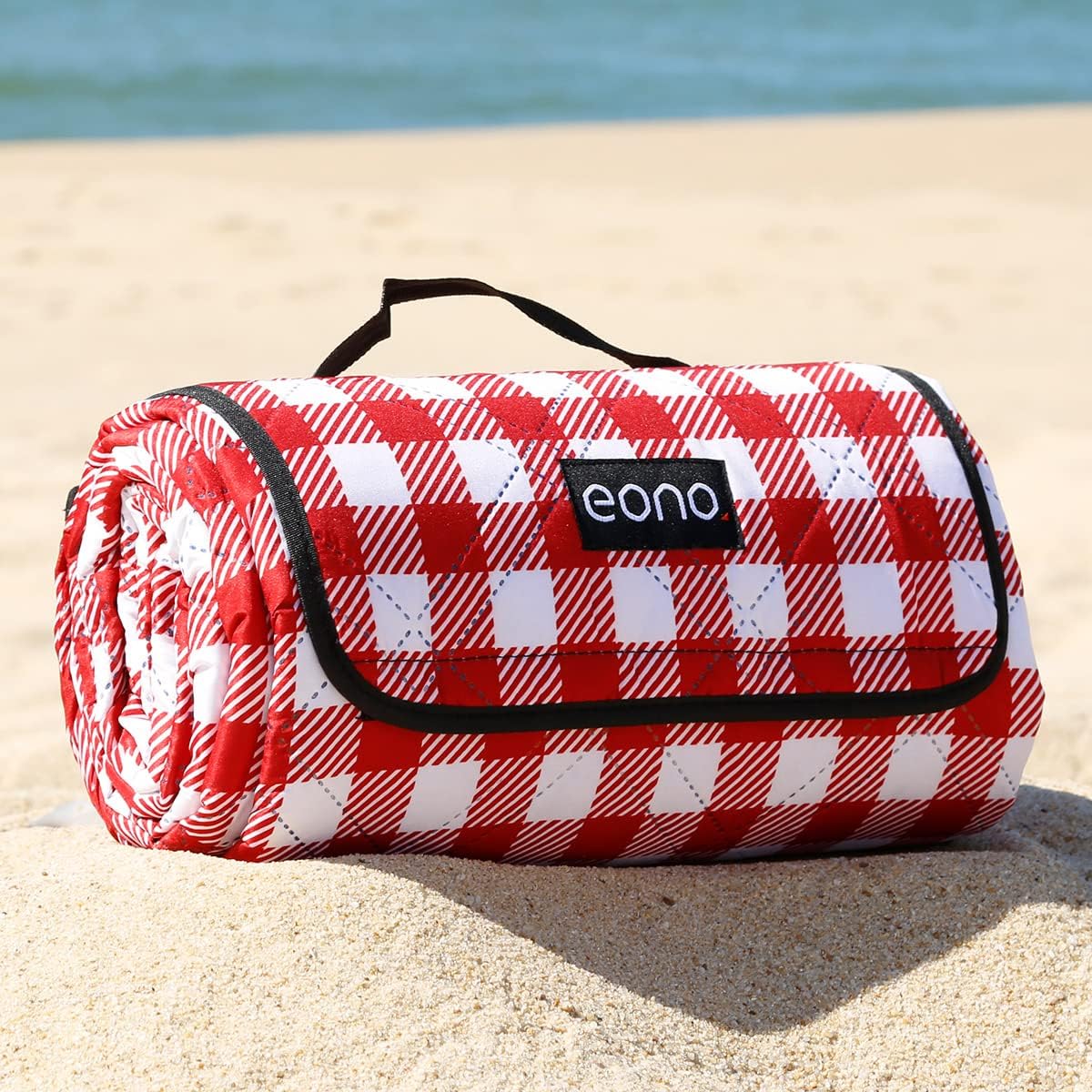 Marca Amazon – Eono - Manta clásica de picnic de 200 x 200 cm, portátil grande para exteriores, tapete de picnic resistente al agua, manta de playa (rojo + blanco a cuadros)
