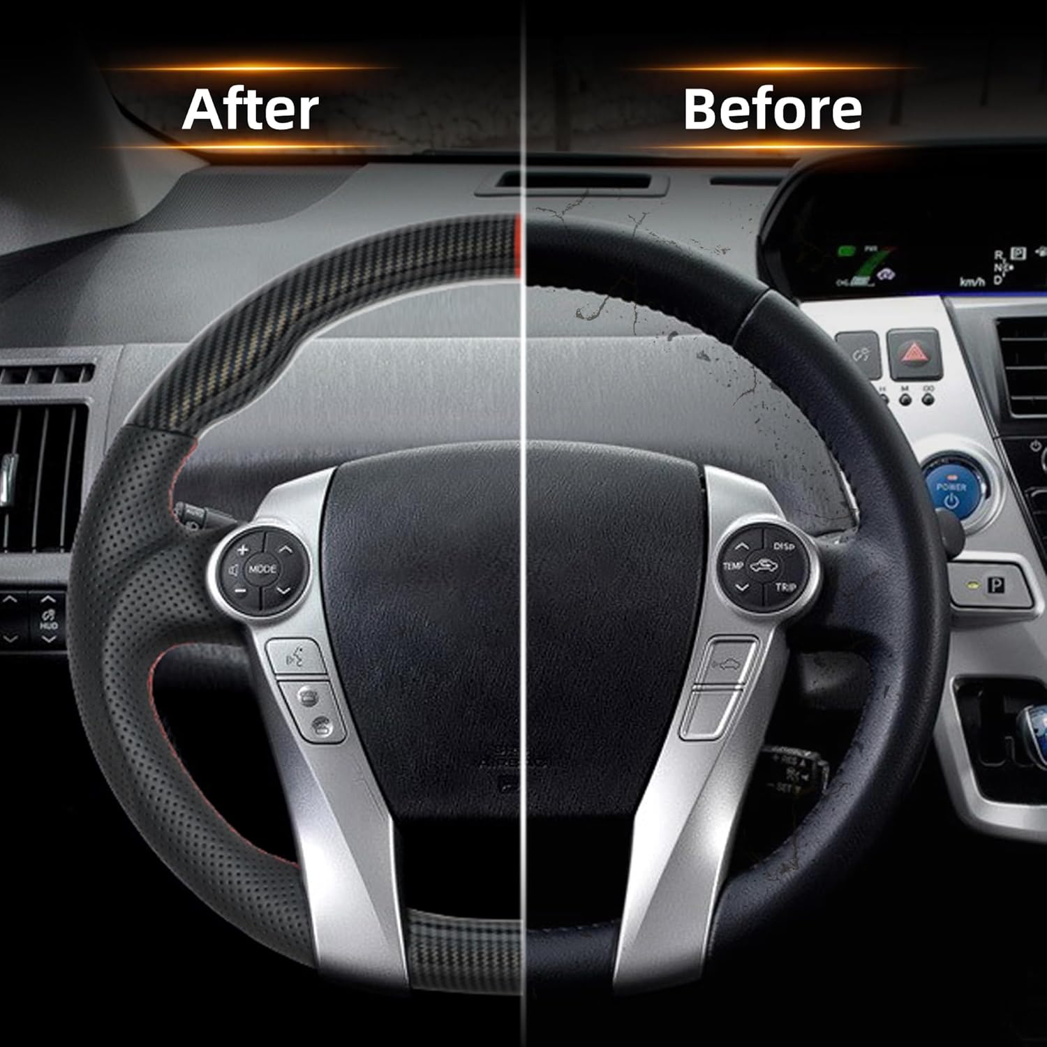 Hydro-Dip Carbon Fiber Steering Wheel for Toyota Prius 2010-2016 D-shaped Nappa Perforated Leather Flat-bottom Steering Wheel (Red Positioning Line)